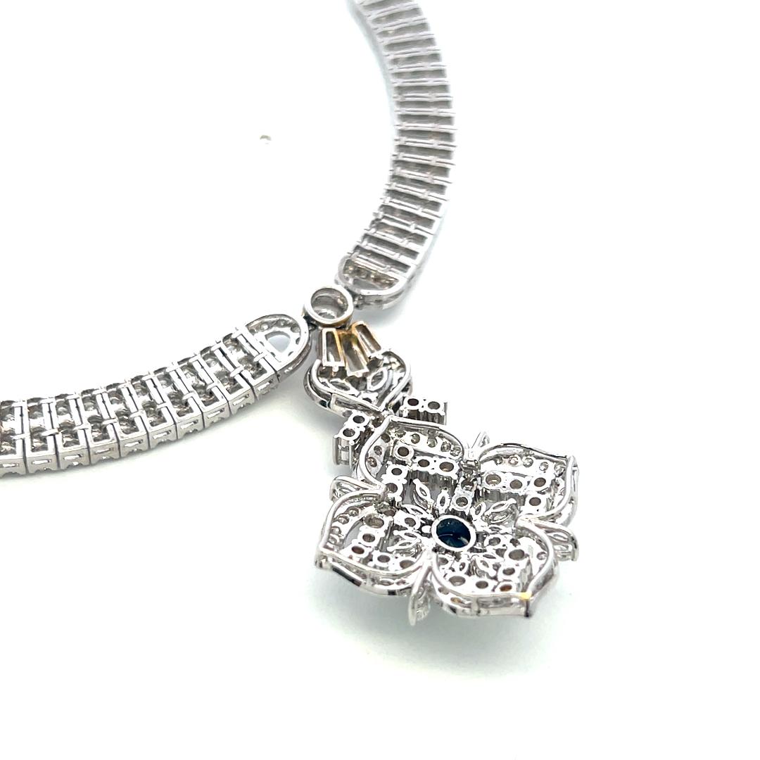 18K White Gold Pendant Necklace 12ct Mixed Cut H VS Diamonds & 0.5ct Sapphire
