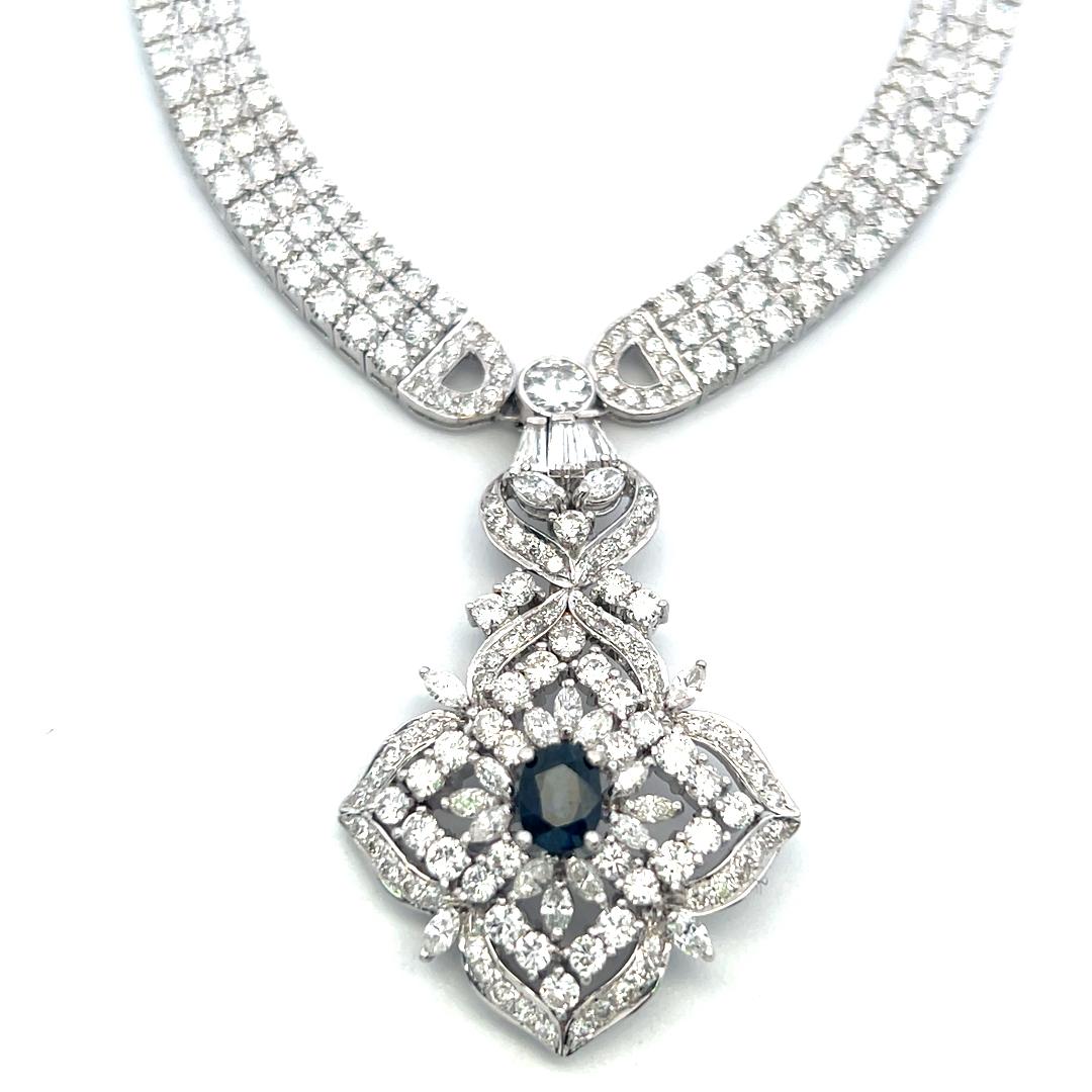 18K White Gold Pendant Necklace 12ct Mixed Cut H VS Diamonds & 0.5ct Sapphire