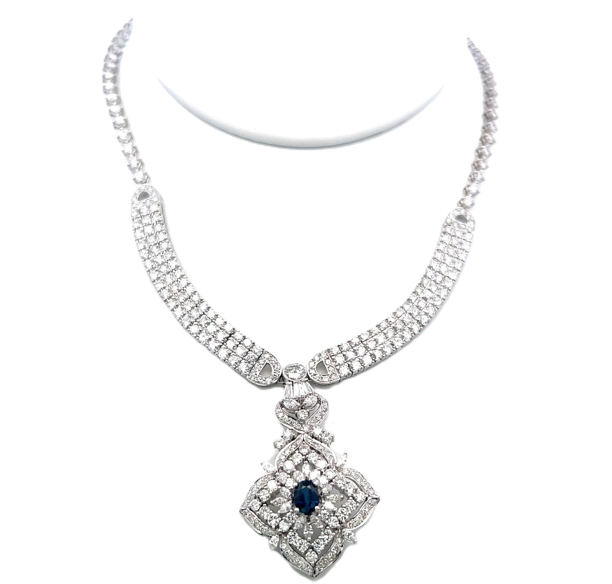 18K White Gold Pendant Necklace 12ct Mixed Cut H VS Diamonds & 0.5ct Sapphire