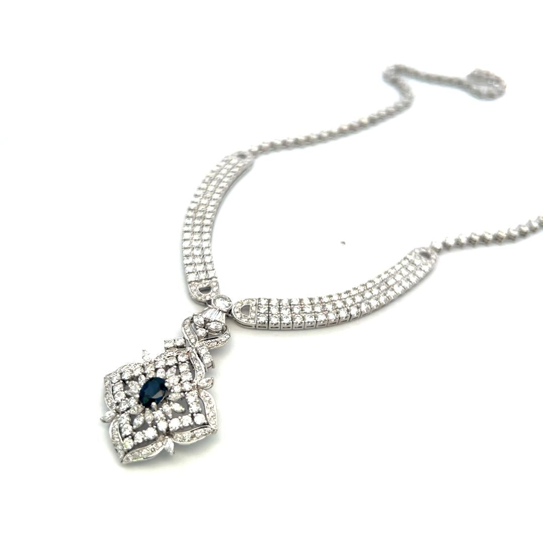 18K White Gold Pendant Necklace 12ct Mixed Cut H VS Diamonds & 0.5ct Sapphire