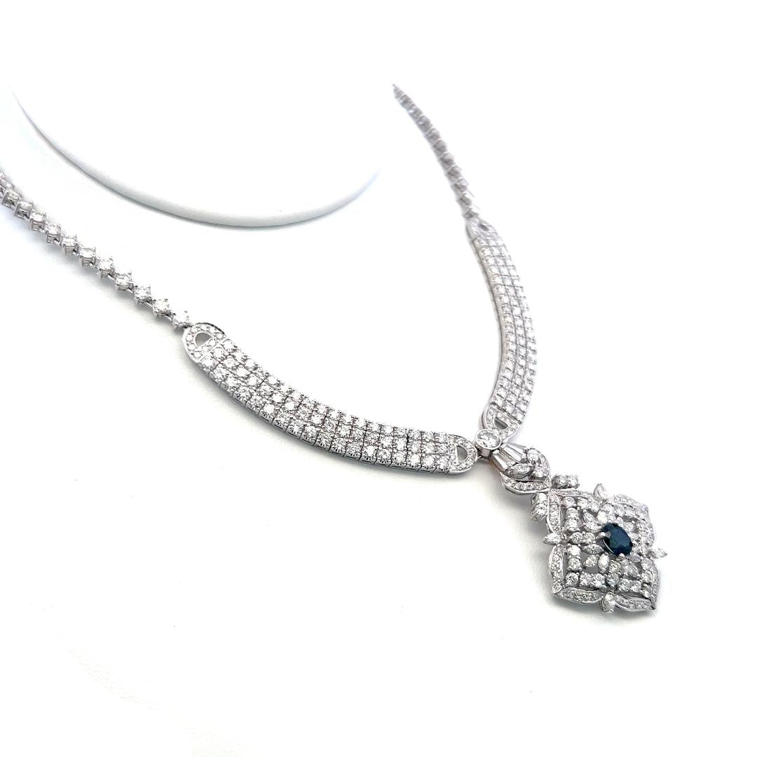 18K White Gold Pendant Necklace 12ct Mixed Cut H VS Diamonds & 0.5ct Sapphire