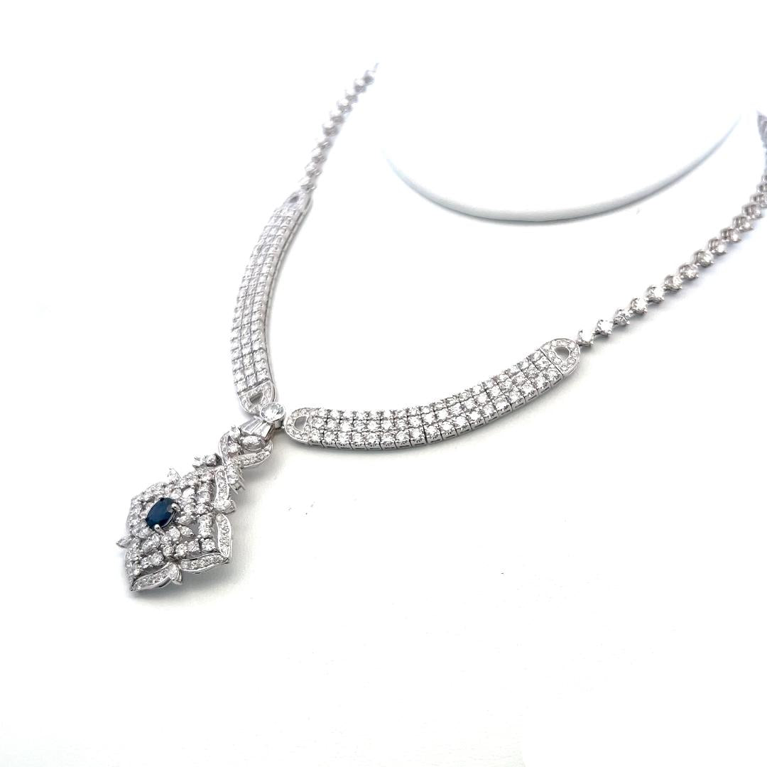 18K White Gold Pendant Necklace 12ct Mixed Cut H VS Diamonds & 0.5ct Sapphire