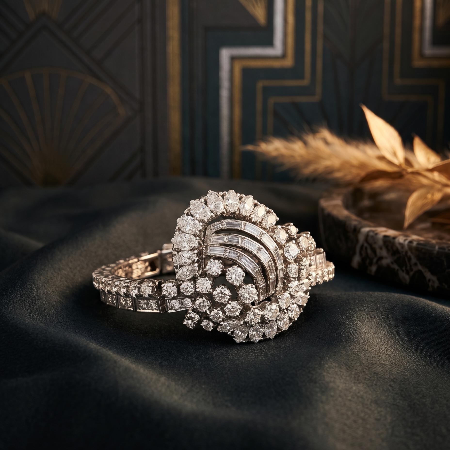 Vintage Platinum Art-Deco Bracelet with 6.48 Carat Mixed Shape I VS2 Diamonds