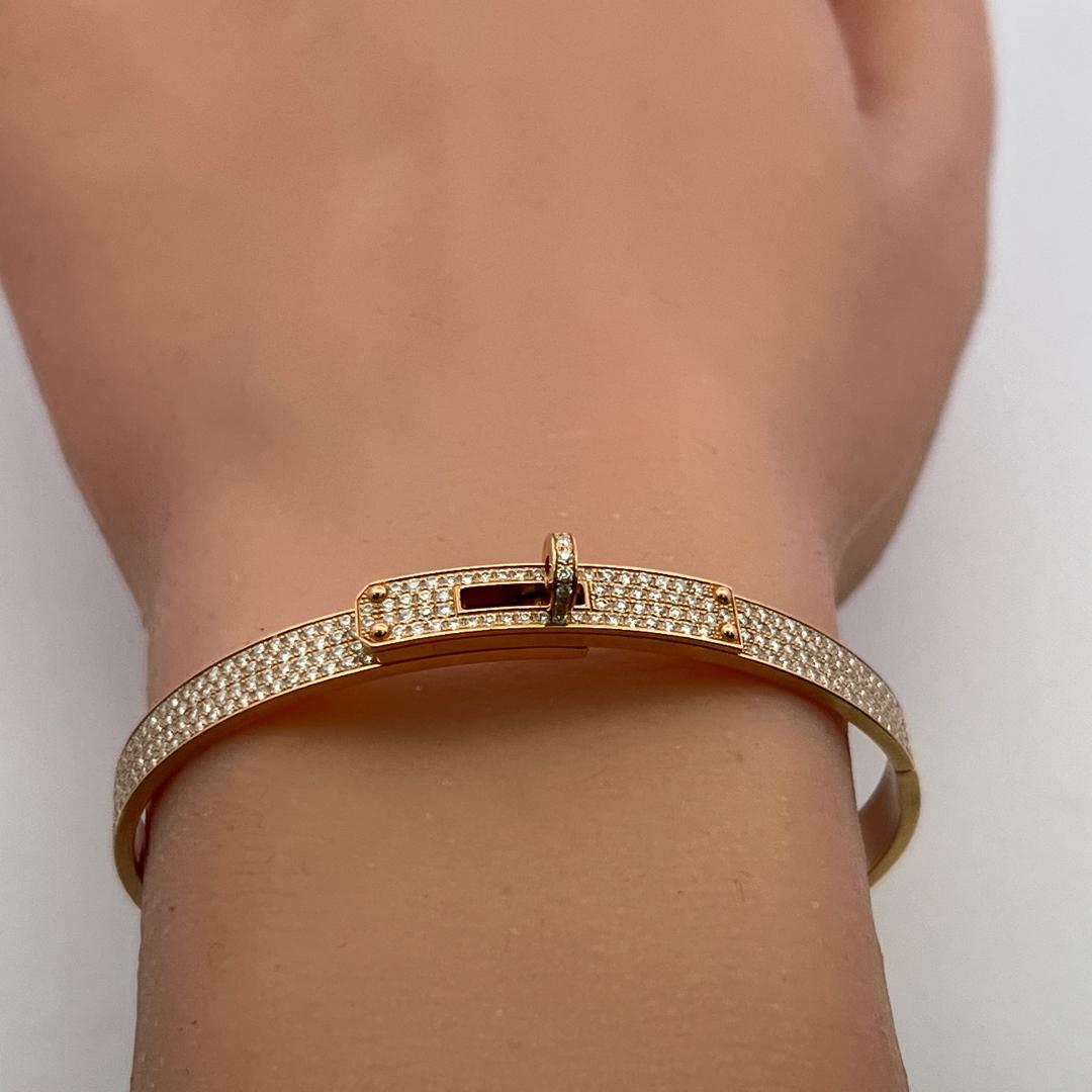 Hermes 18K Rose Gold Bangle Bracelet with 3.15 Carat Round F VS Diamonds 21 Gram