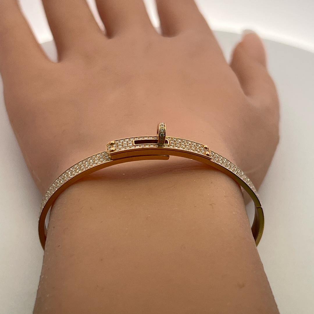 Hermes 18K Rose Gold Bangle Bracelet with 3.15 Carat Round F VS Diamonds 21 Gram