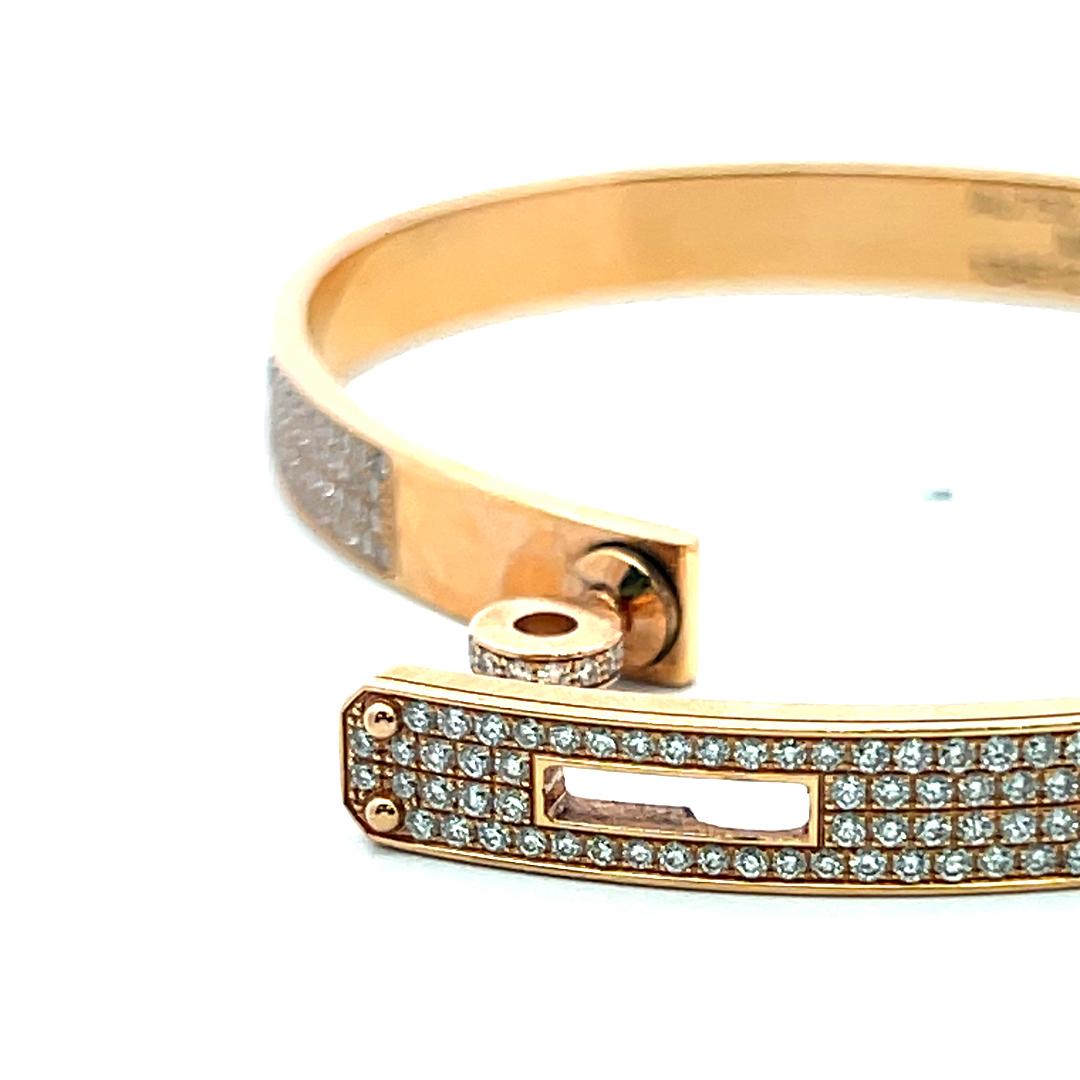 Hermes 18K Rose Gold Bangle Bracelet with 3.15 Carat Round F VS Diamonds 21 Gram