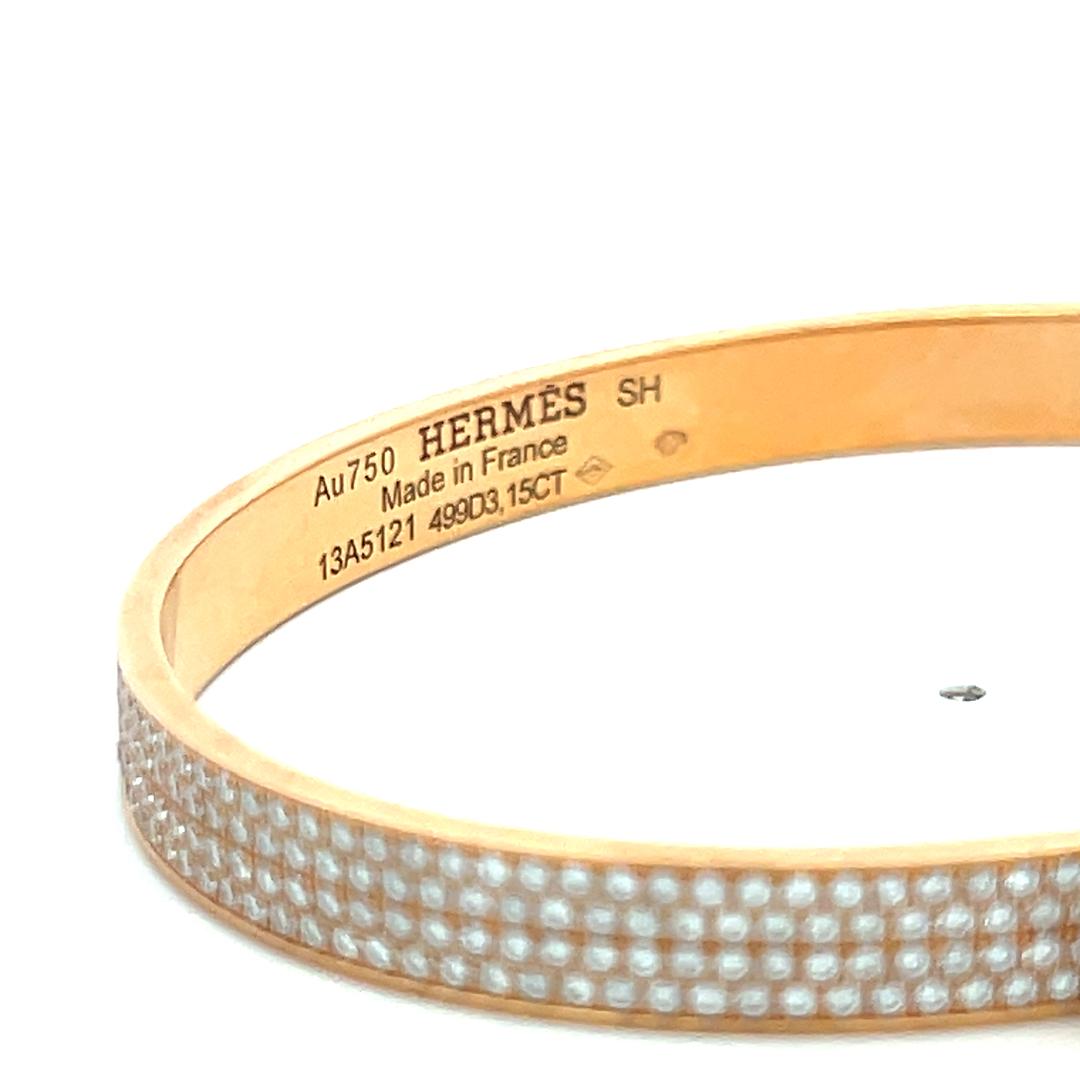 Hermes 18K Rose Gold Bangle Bracelet with 3.15 Carat Round F VS Diamonds 21 Gram