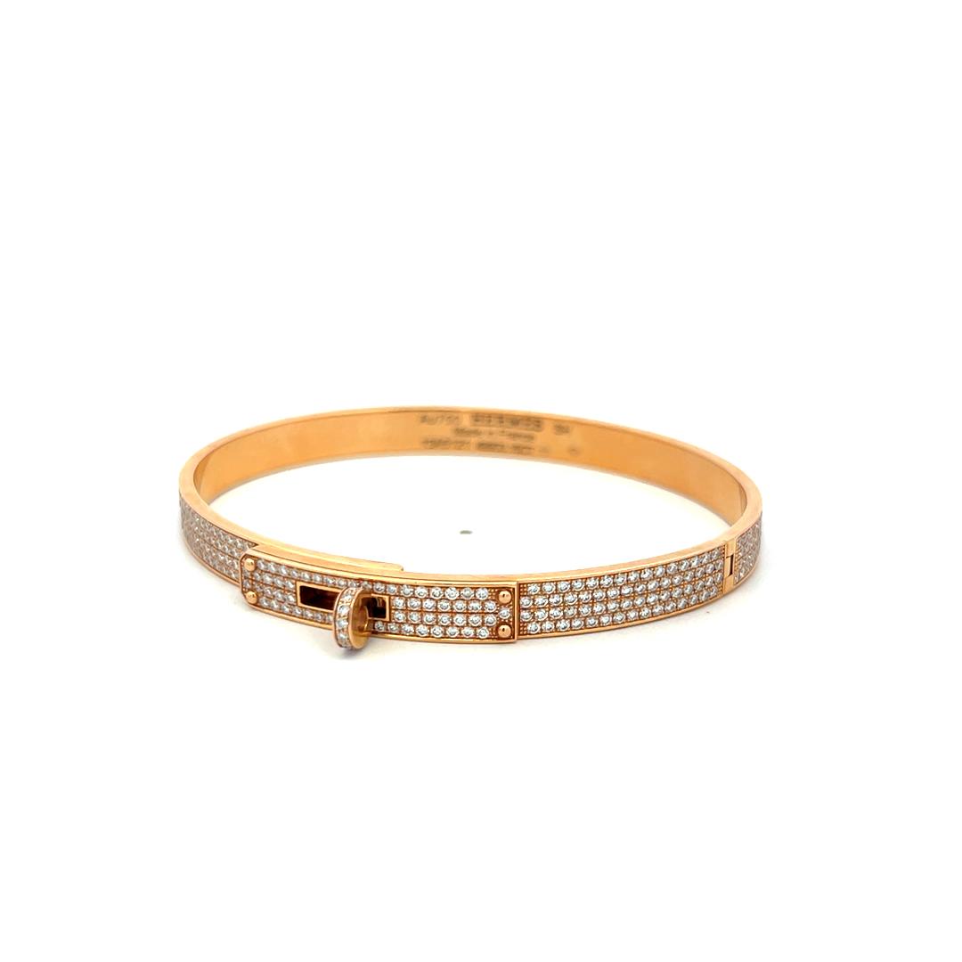 Hermes 18K Rose Gold Bangle Bracelet with 3.15 Carat Round F VS Diamonds 21 Gram