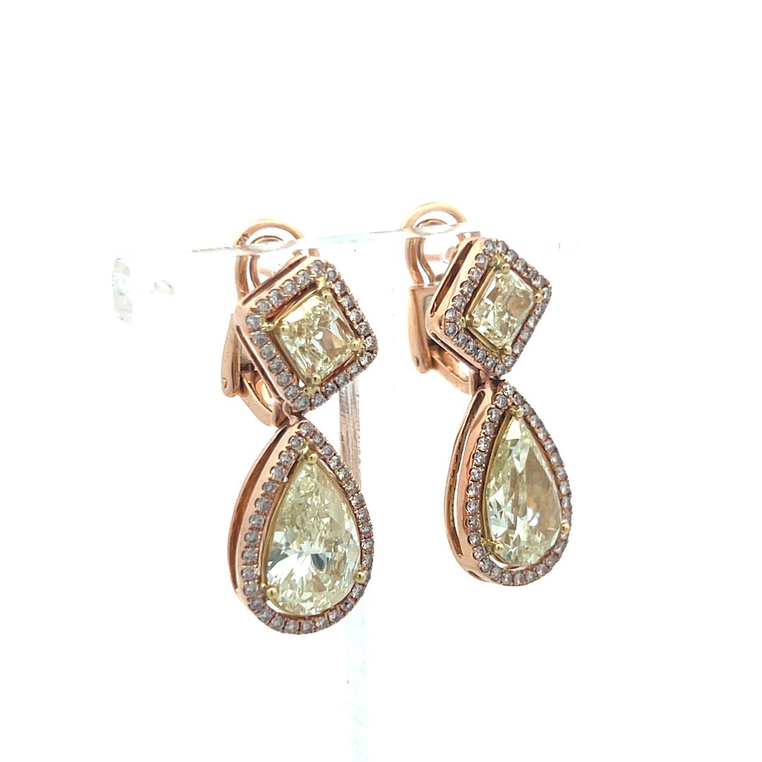 18K Rose Gold Drop Earrings with 9.06ct Pear Radiant & Round Diamonds