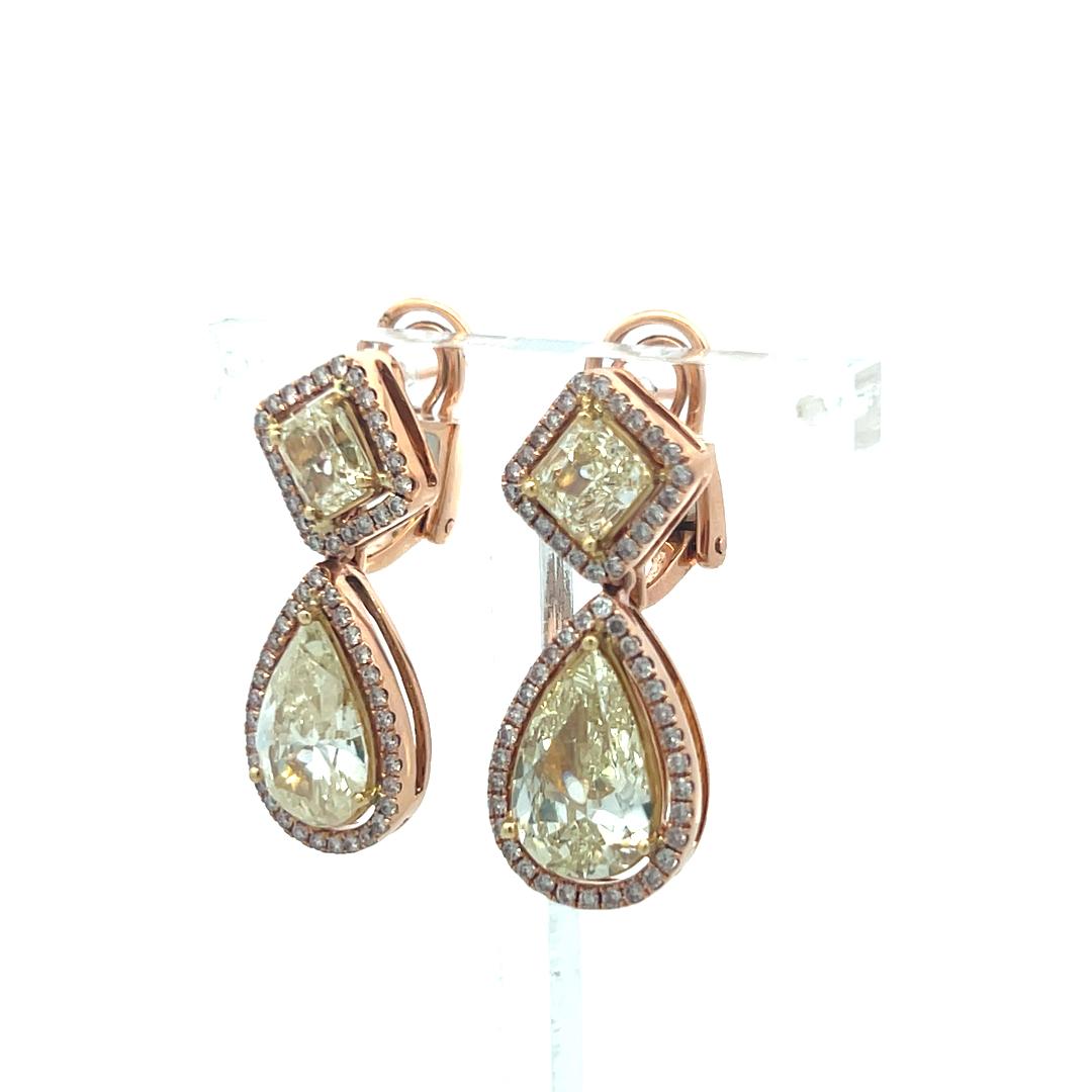 18K Rose Gold Drop Earrings with 9.06ct Pear Radiant & Round Diamonds