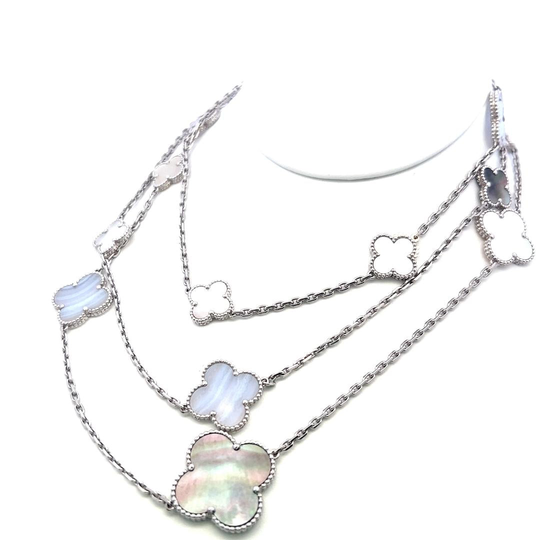 Van Cleef & Arpels 18K White Gold Link Necklace Alhambra Clover Motifs 48 Inch