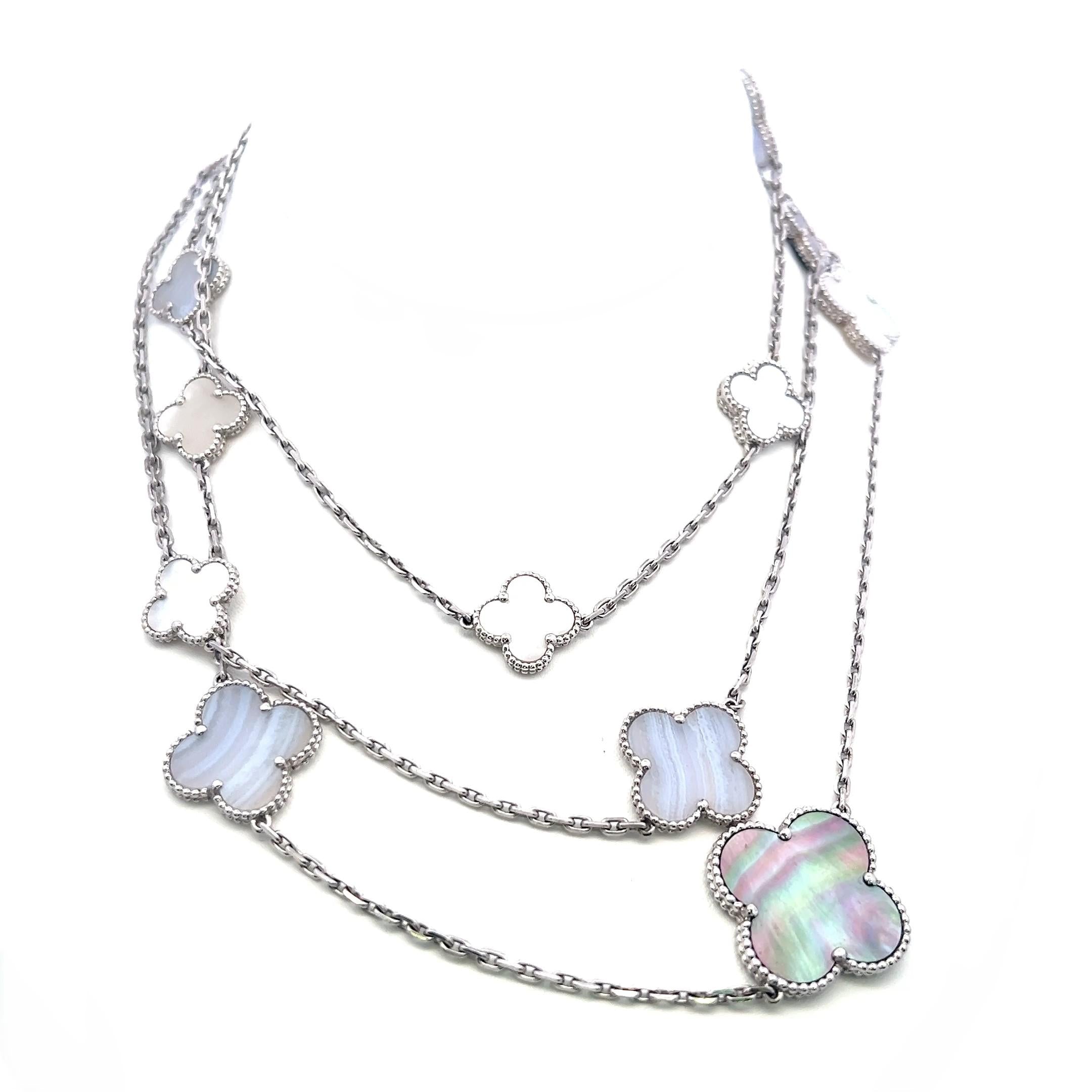 Van Cleef & Arpels 18K White Gold Link Necklace Alhambra Clover Motifs 48 Inch