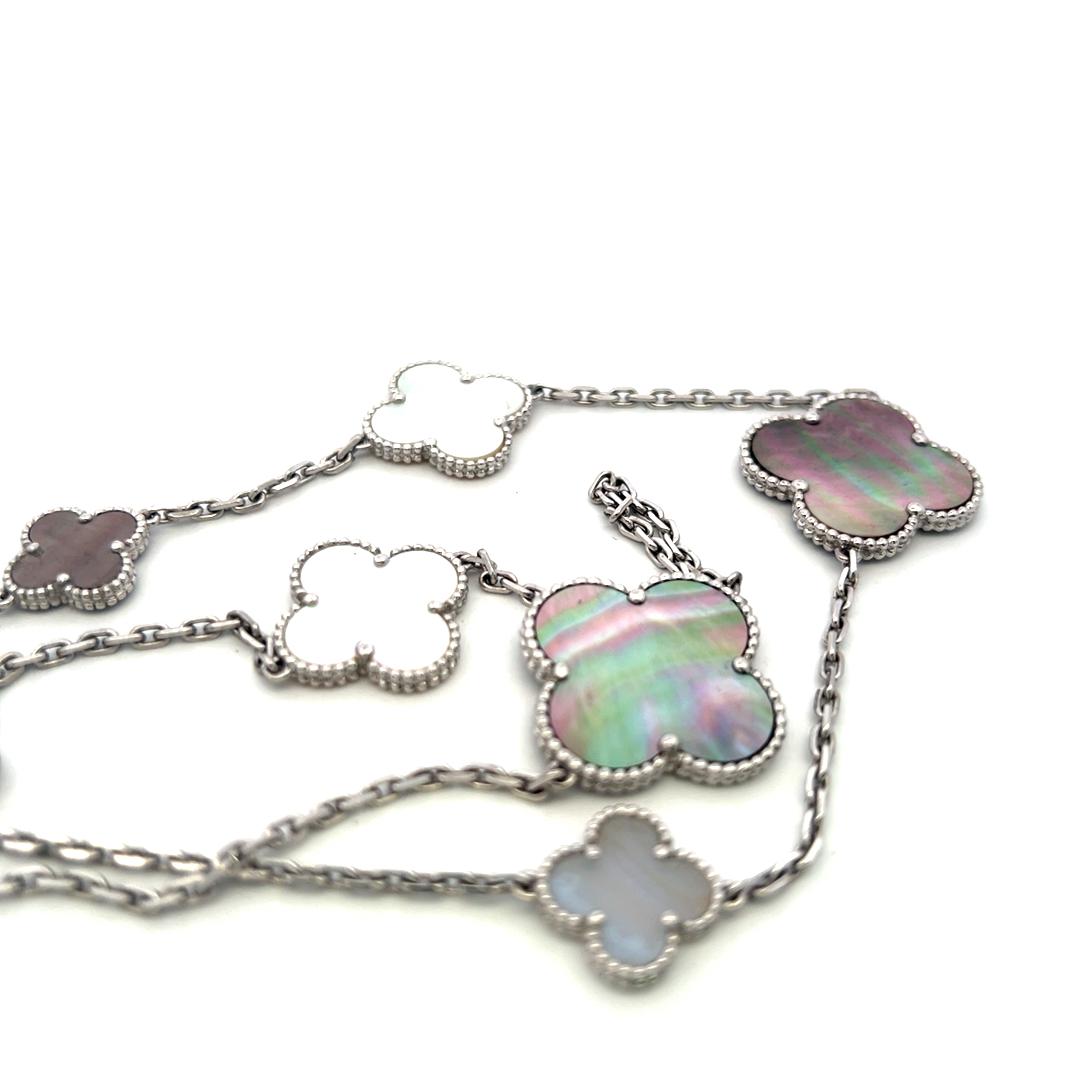 Van Cleef & Arpels 18K White Gold Link Necklace Alhambra Clover Motifs 48 Inch