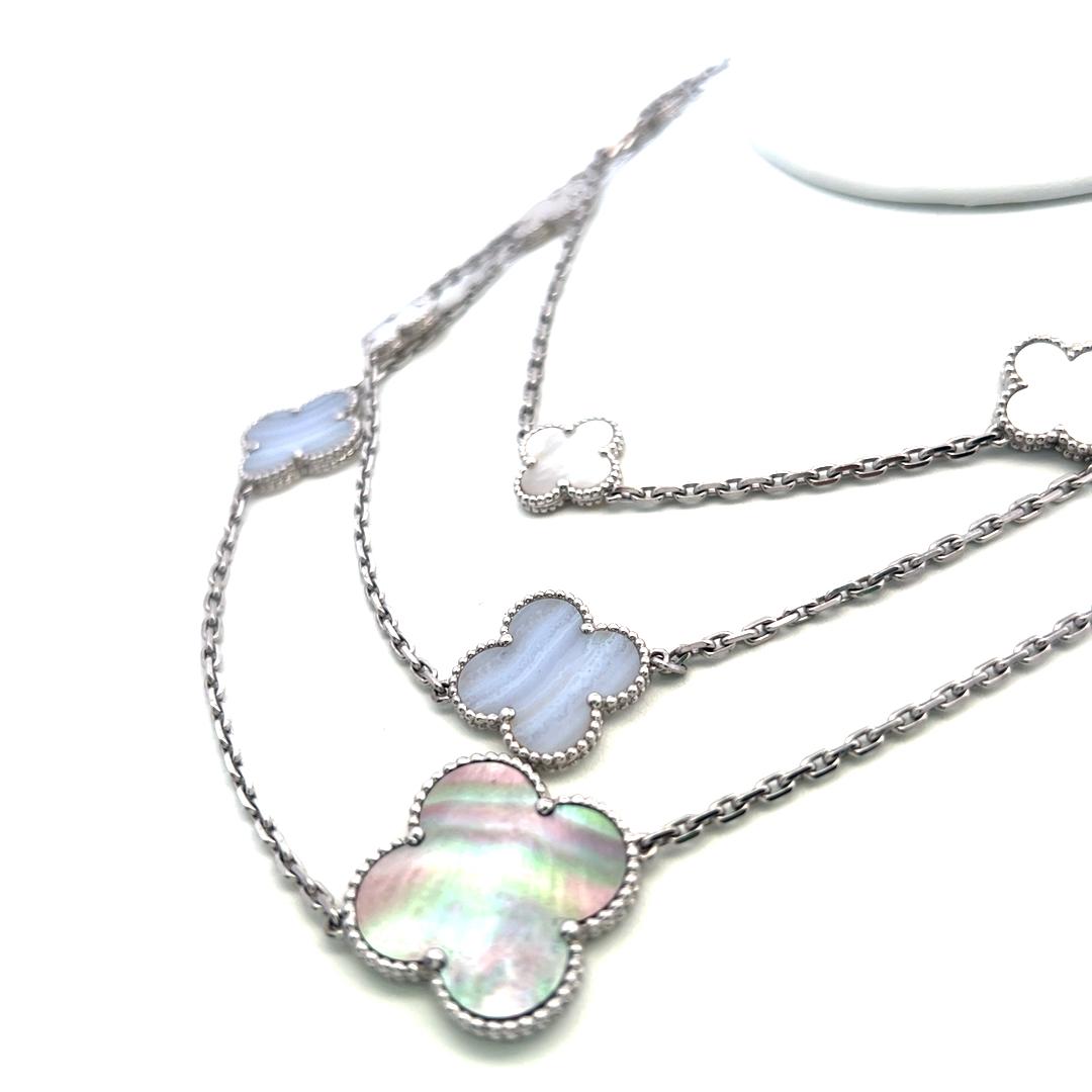 Van Cleef & Arpels 18K White Gold Link Necklace Alhambra Clover Motifs 48 Inch