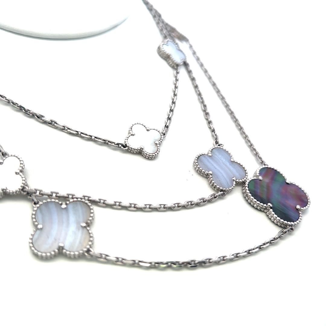 Van Cleef & Arpels 18K White Gold Link Necklace Alhambra Clover Motifs 48 Inch