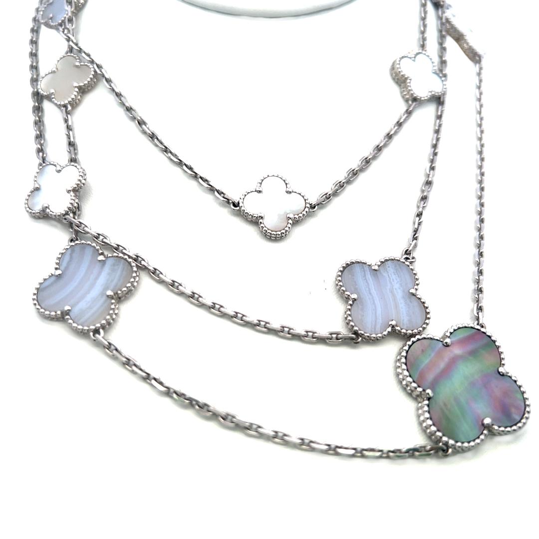 Van Cleef & Arpels 18K White Gold Link Necklace Alhambra Clover Motifs 48 Inch
