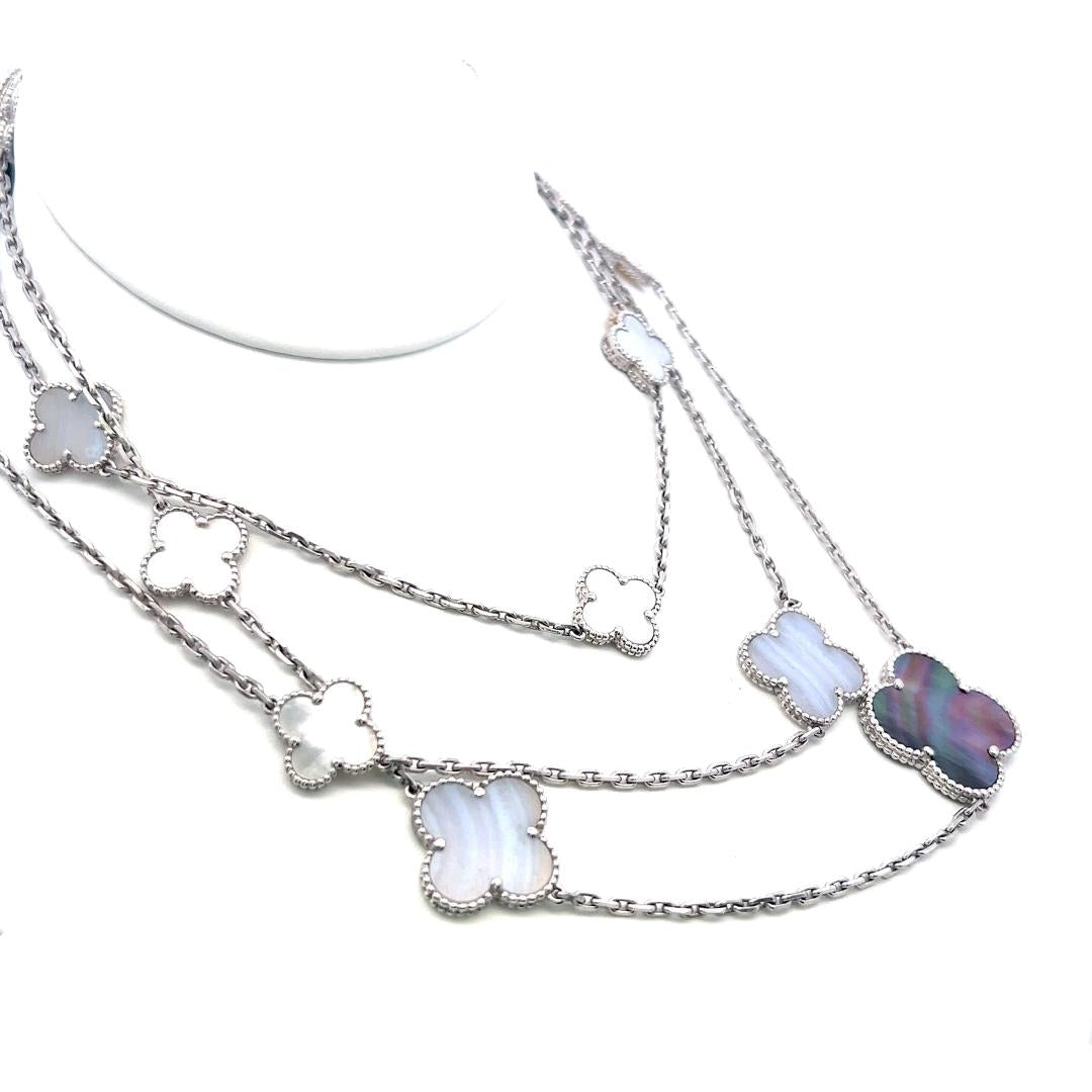 Van Cleef & Arpels 18K White Gold Link Necklace Alhambra Clover Motifs 48 Inch