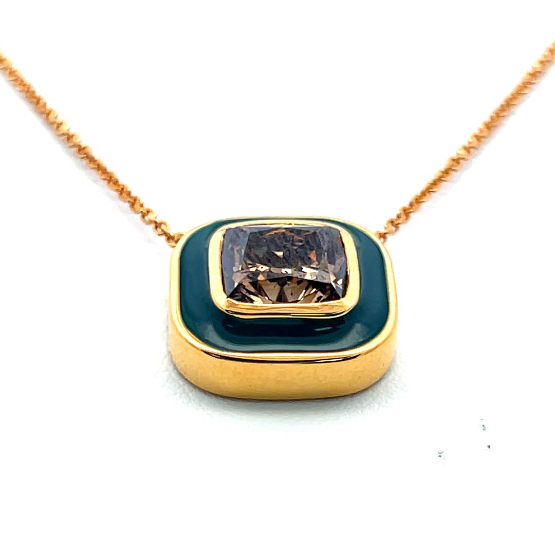 18K Yellow Gold Pendant Necklace with 3.02 Carat Cushion Diamonds FDBY GIA