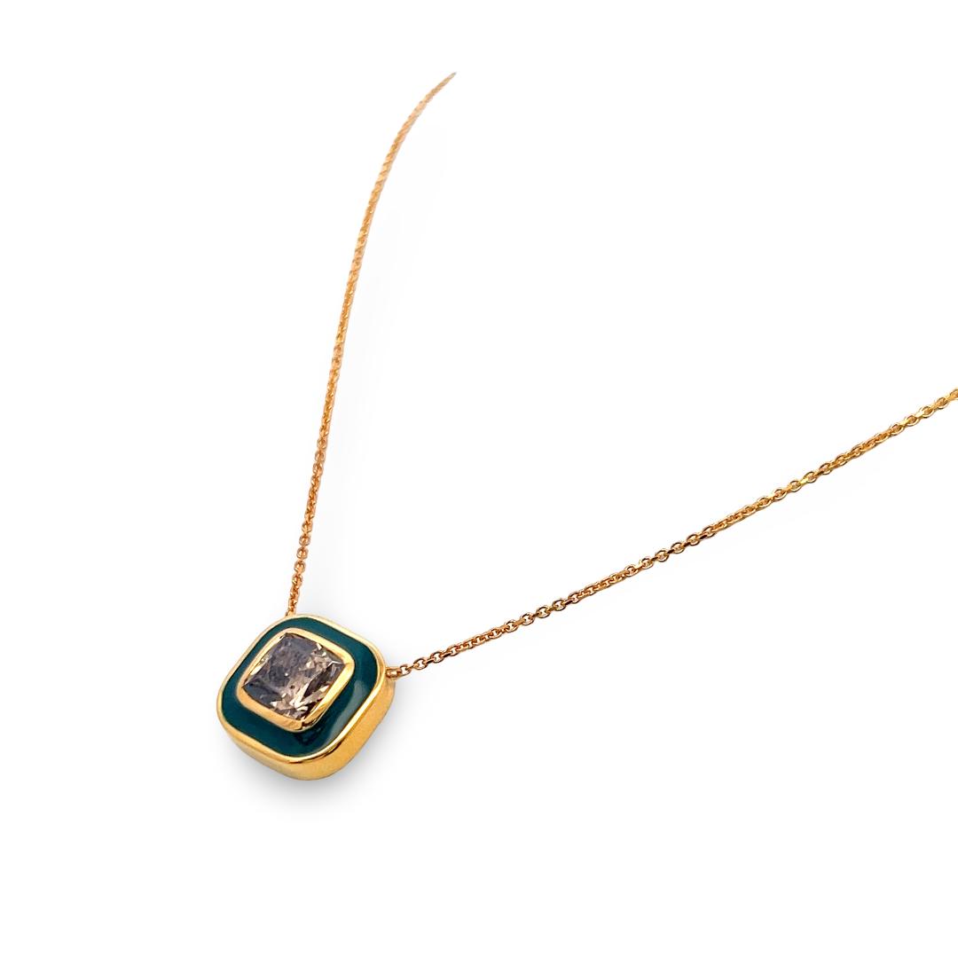 18K Yellow Gold Pendant Necklace with 3.02 Carat Cushion Diamonds FDBY GIA