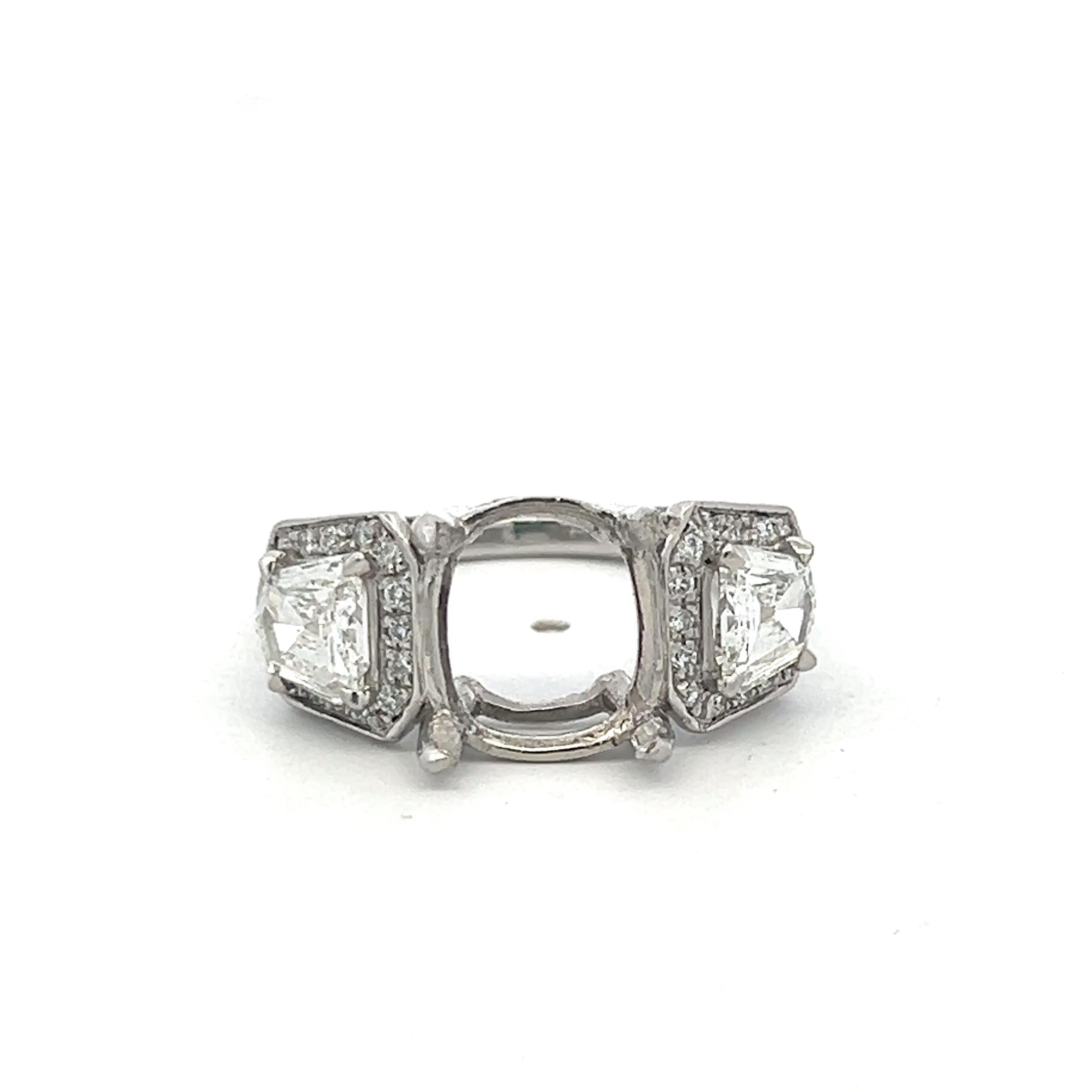 Platinum Semi Mount Ring 1.27 Carat Trapezoid & Round Diamonds Fits 9.8*8.4 MM