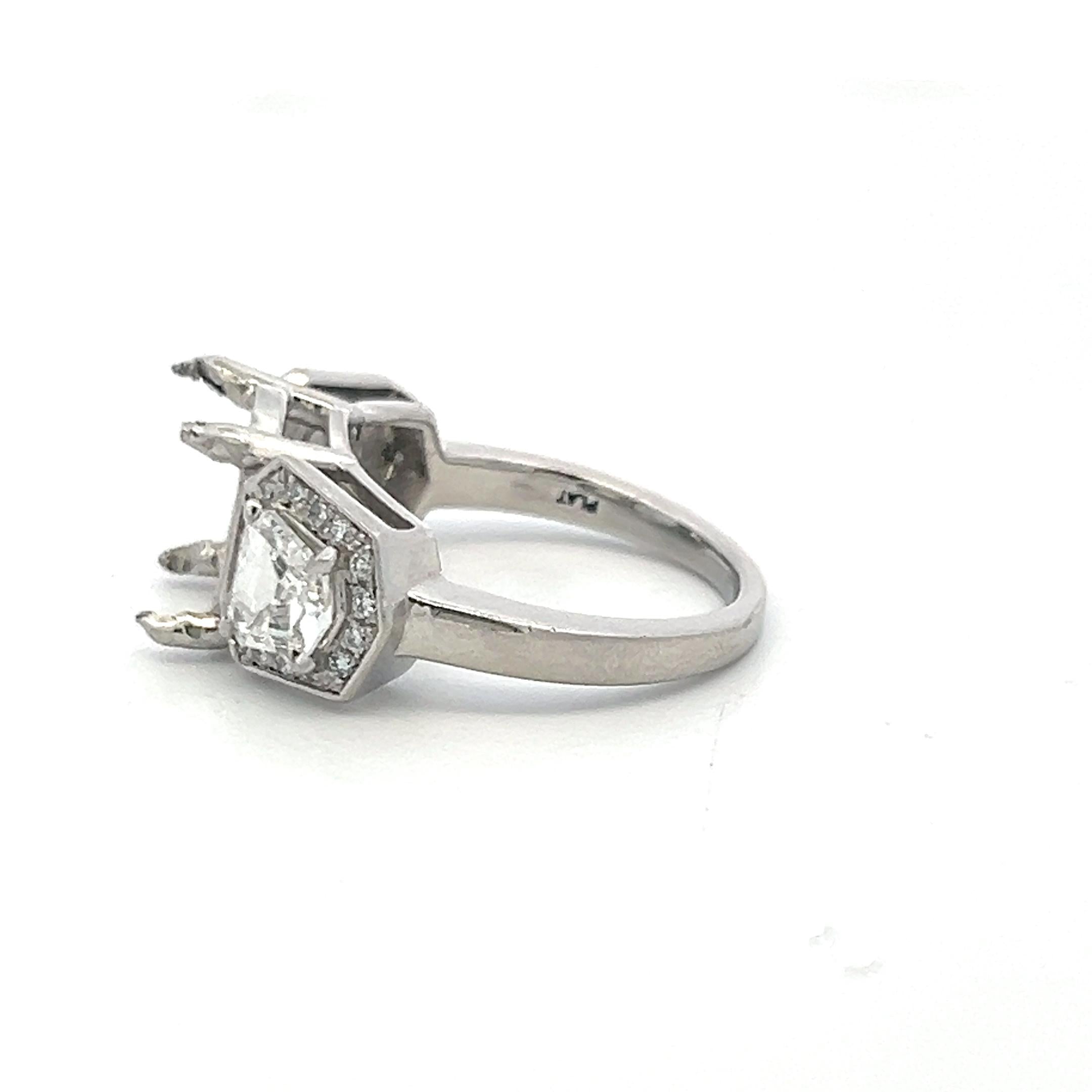 Platinum Semi Mount Ring 1.27 Carat Trapezoid & Round Diamonds Fits 9.8*8.4 MM