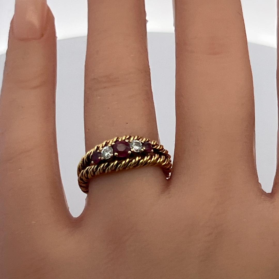 Estate 18K YG Band Ring with 0.2 Carat Round Diamonds & 0.3 Carat Ruby Size 6