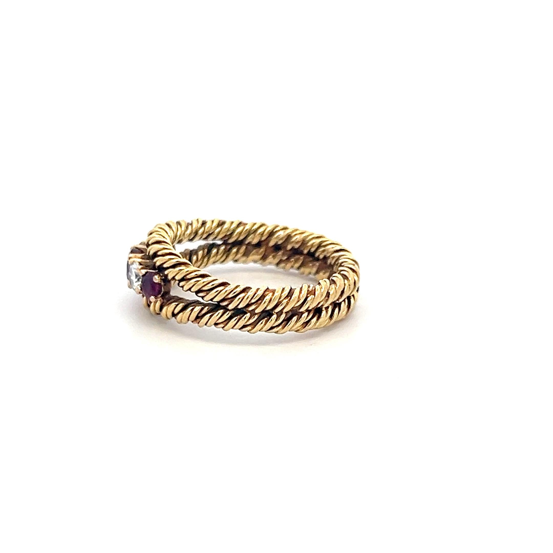 Estate 18K YG Band Ring with 0.2 Carat Round Diamonds & 0.3 Carat Ruby Size 6