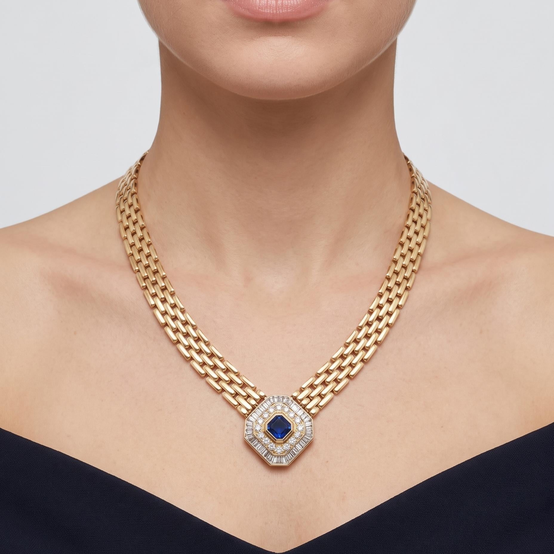 18K Yellow Gold Collar Necklace with 2.42 Carat I SI Diamonds &1.91ct Sapphire