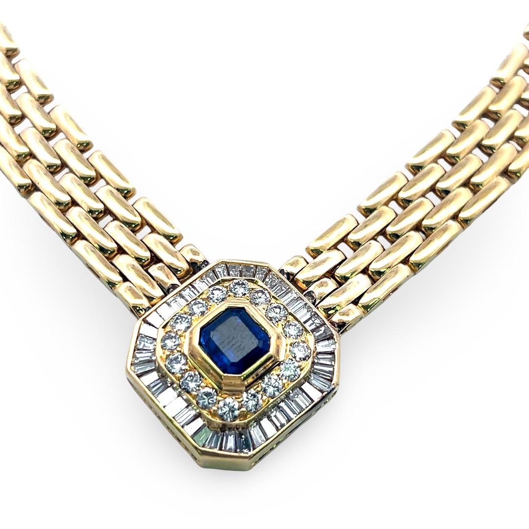 18K Yellow Gold Collar Necklace with 2.42 Carat I SI Diamonds &1.91ct Sapphire