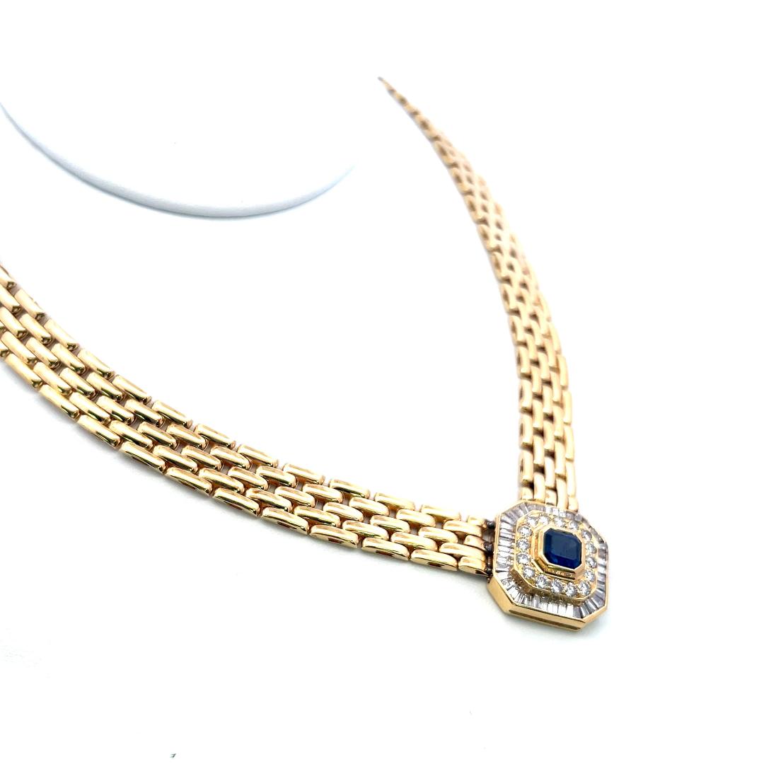 18K Yellow Gold Collar Necklace with 2.42 Carat I SI Diamonds &1.91ct Sapphire