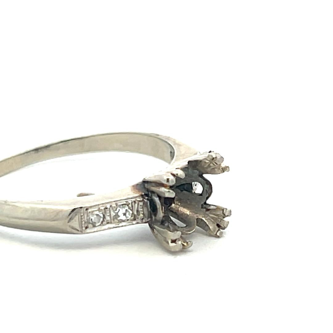 14K White Gold Semi Mount Ring 0.04ct Old European H SI Diamonds Fits 1.25ct++
