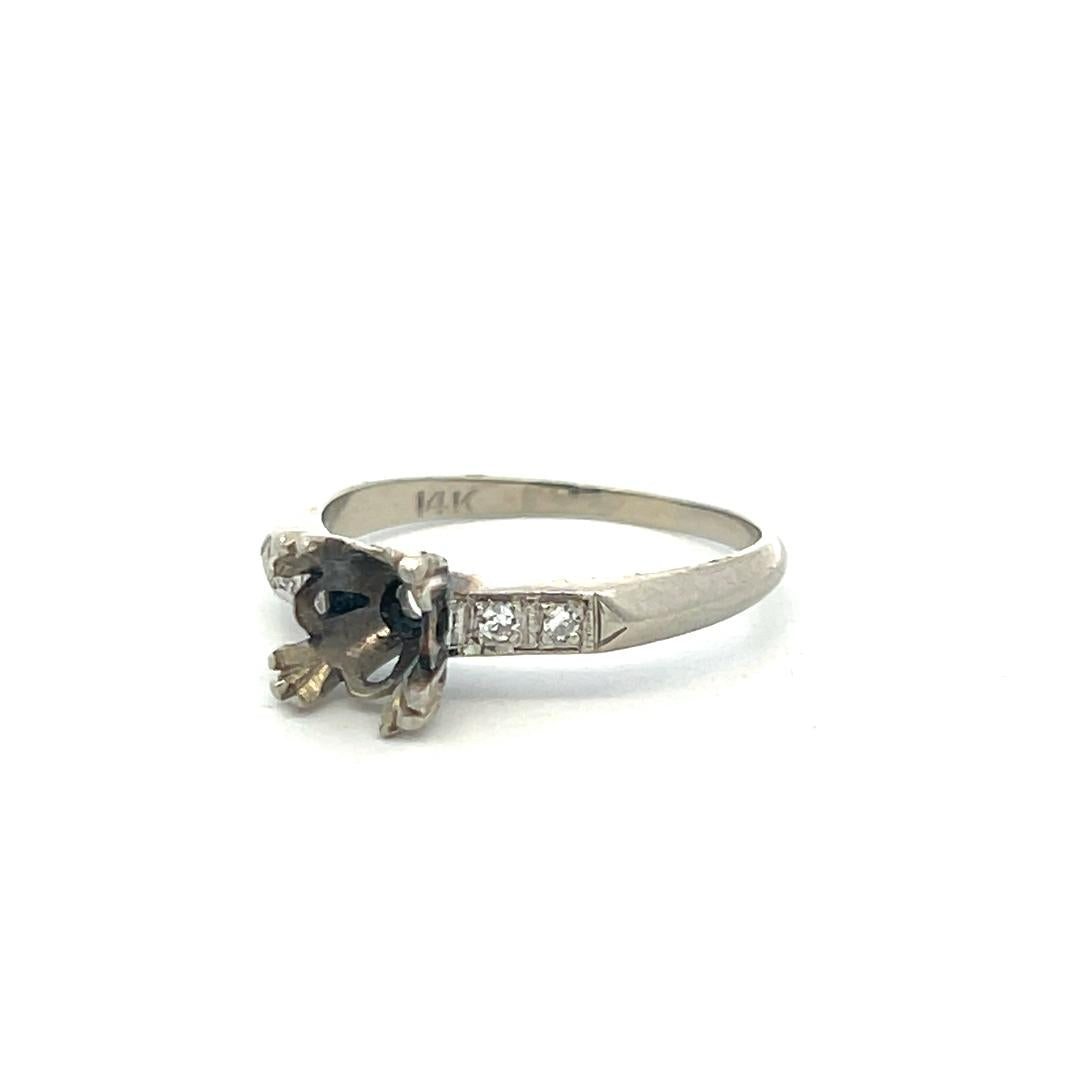 14K White Gold Semi Mount Ring 0.04ct Old European H SI Diamonds Fits 1.25ct++