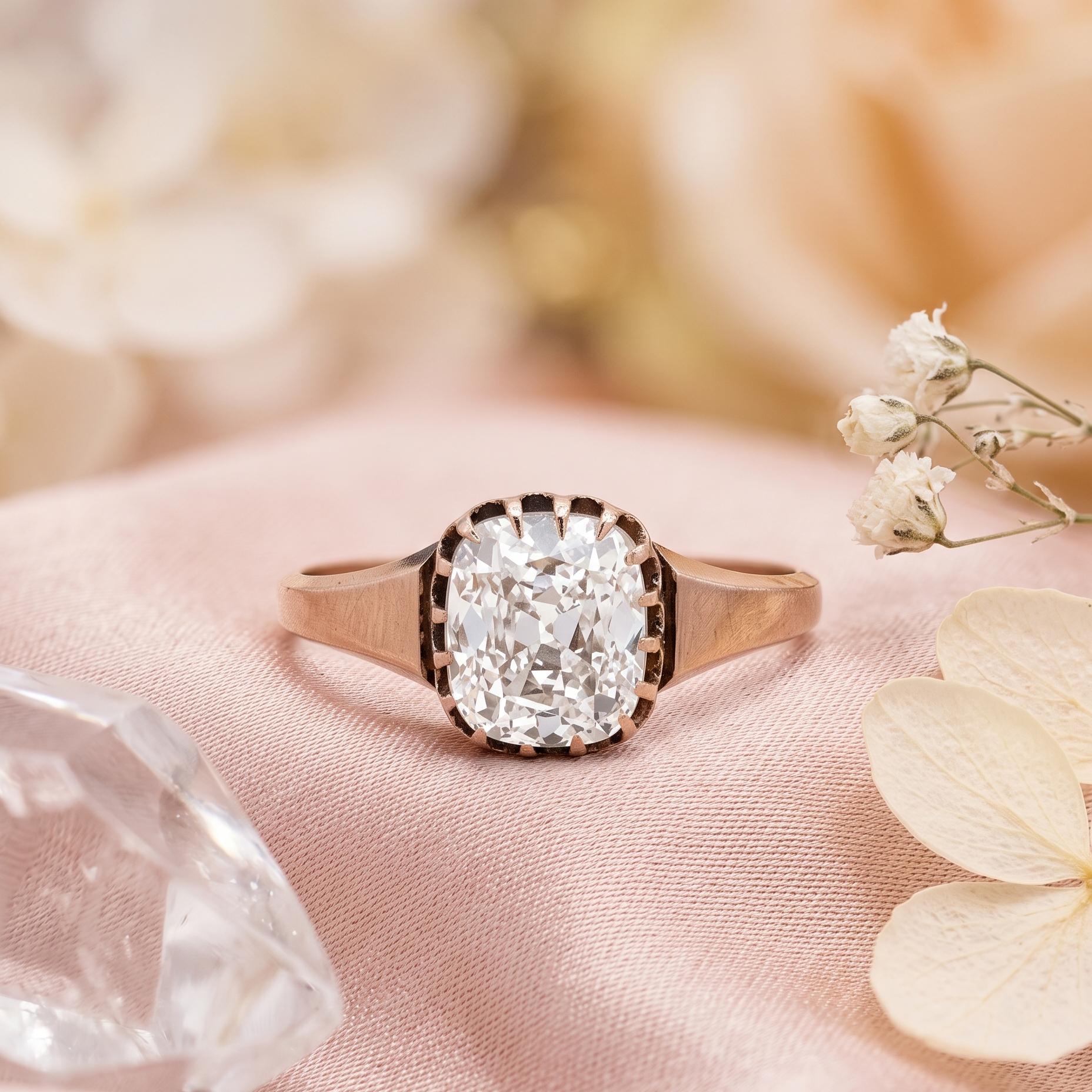 Estate 10K Rose Gold Engagement Ring with 1.5ct Cushion Diamond D VS1 GIA