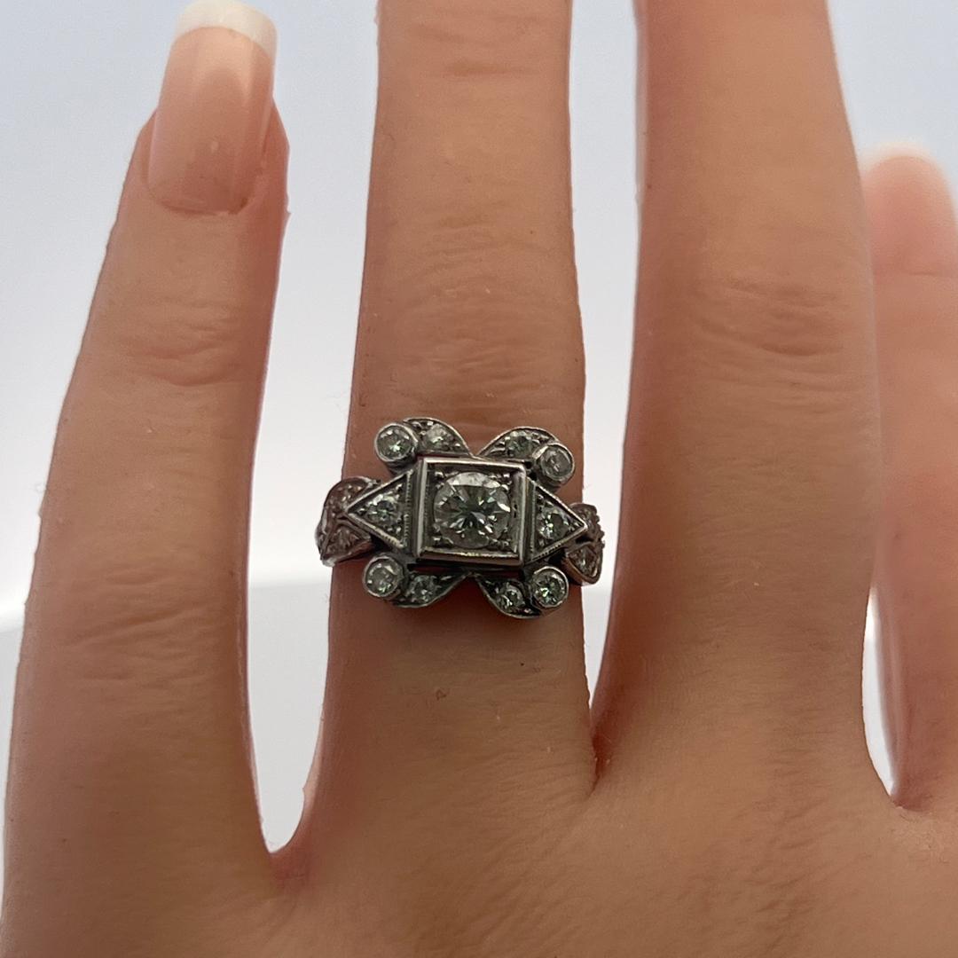 Platinum Art Deco Ring with 0.82 Carat Old European Cut I-VS Diamonds Size 6.5