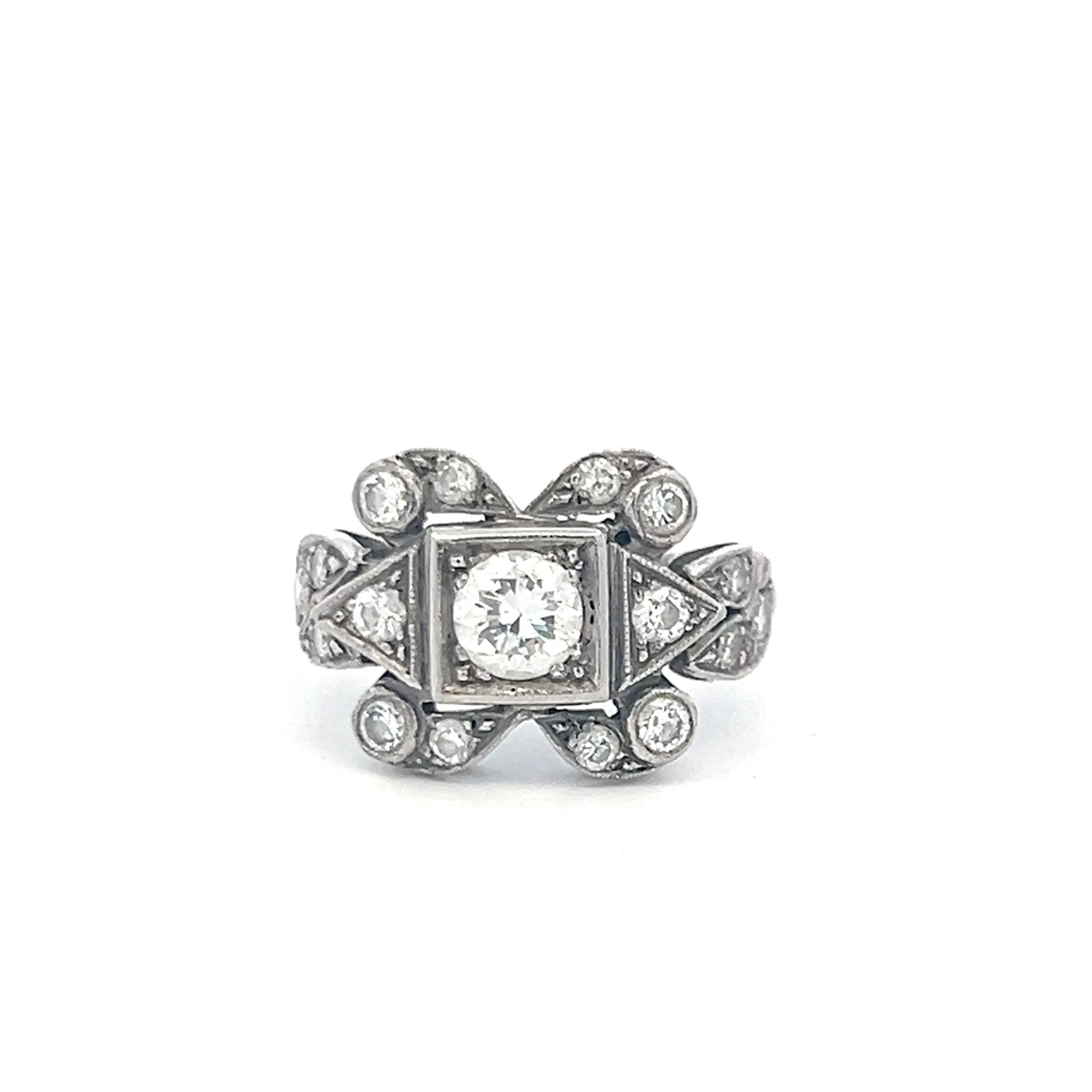 Platinum Art Deco Ring with 0.82 Carat Old European Cut I-VS Diamonds Size 6.5
