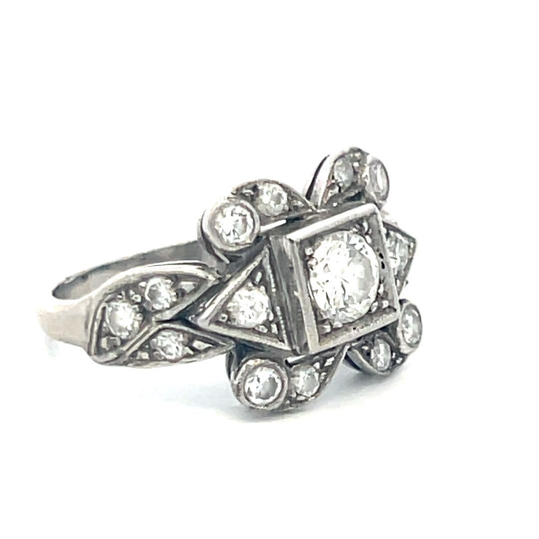 Platinum Art Deco Ring with 0.82 Carat Old European Cut I-VS Diamonds Size 6.5