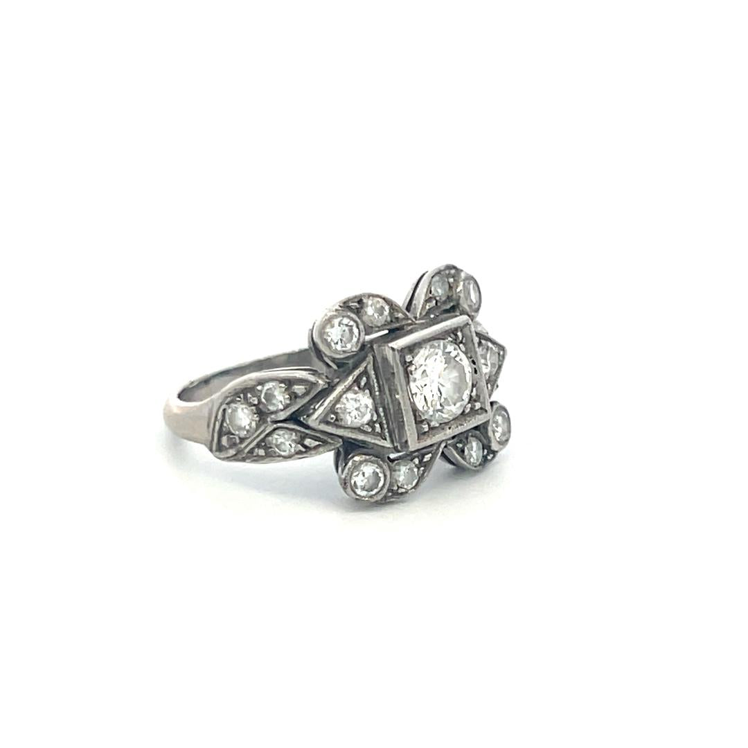 Platinum Art Deco Ring with 0.82 Carat Old European Cut I-VS Diamonds Size 6.5