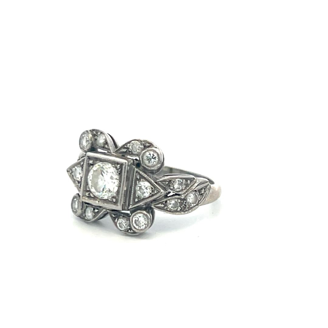 Platinum Art Deco Ring with 0.82 Carat Old European Cut I-VS Diamonds Size 6.5
