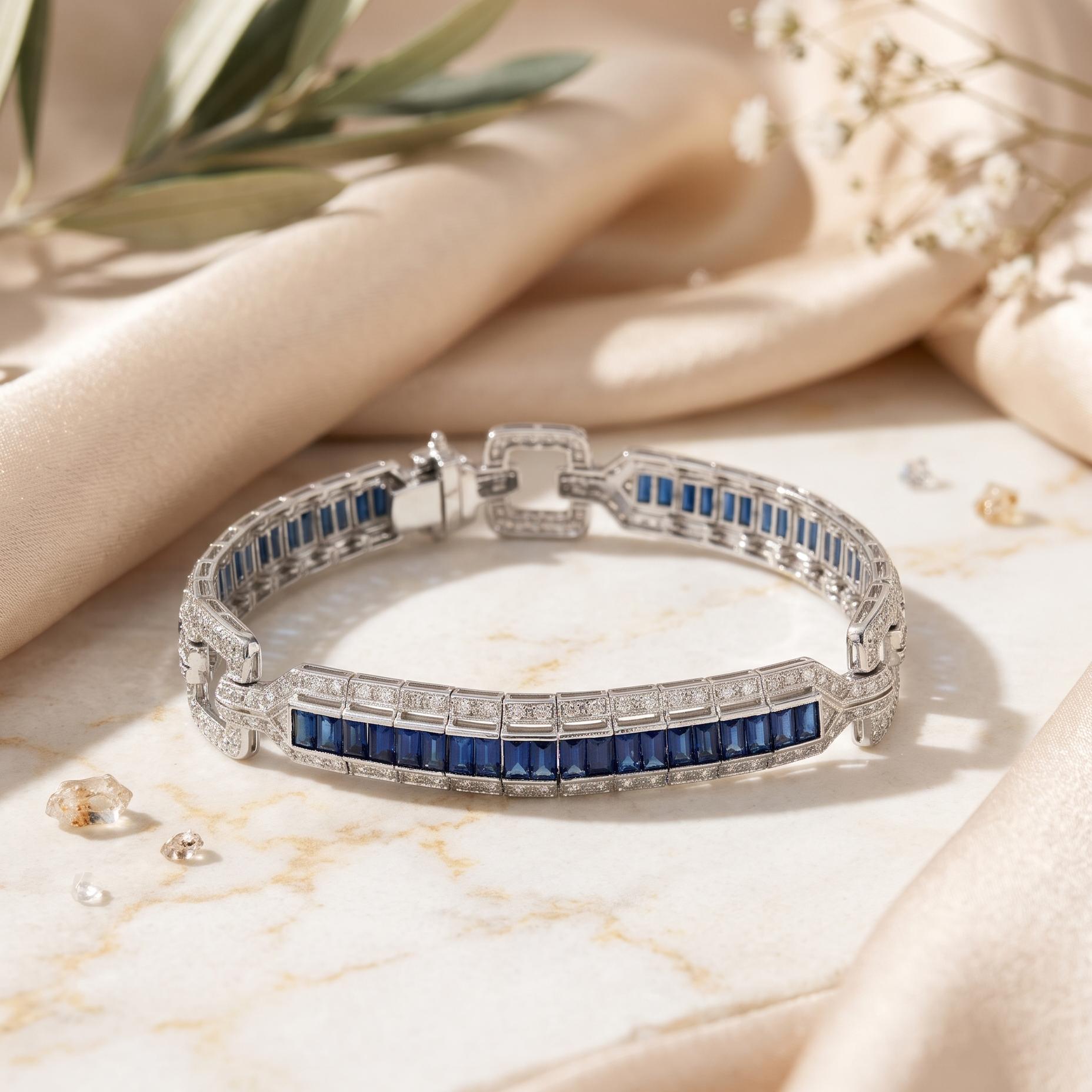 18K White Gold Link Bracelet with 1.42ct Round H SI Diamonds and 7ct Sapphires