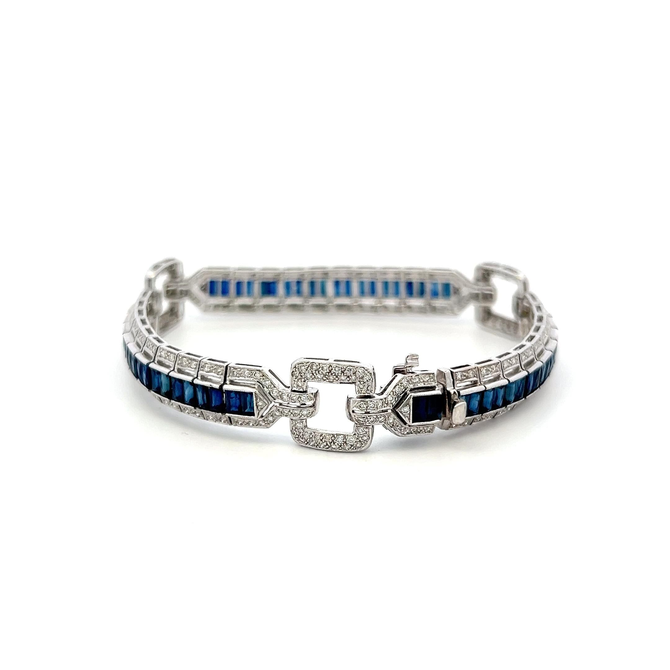 18K White Gold Link Bracelet with 1.42ct Round H SI Diamonds and 7ct Sapphires