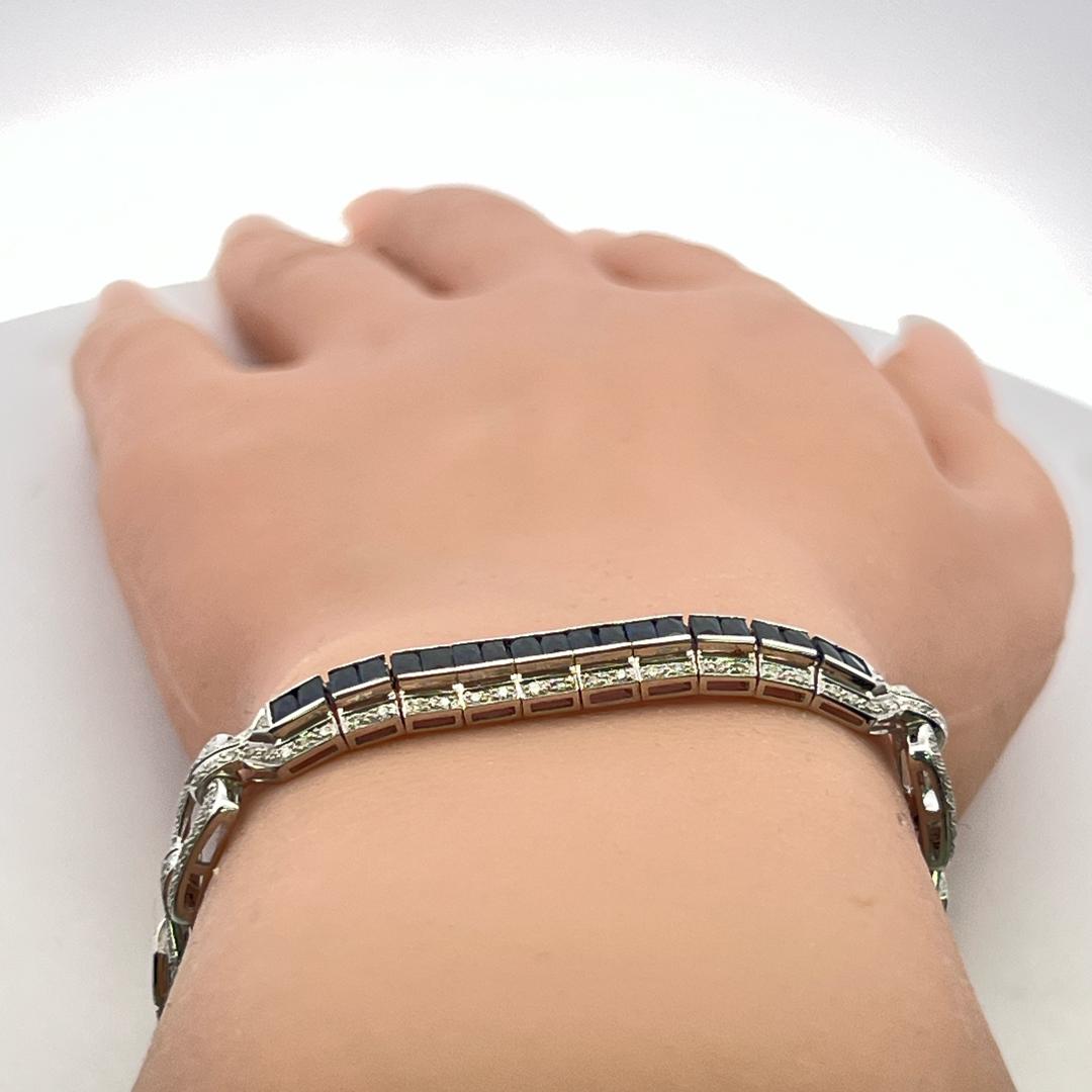 18K White Gold Link Bracelet with 1.42ct Round H SI Diamonds and 7ct Sapphires