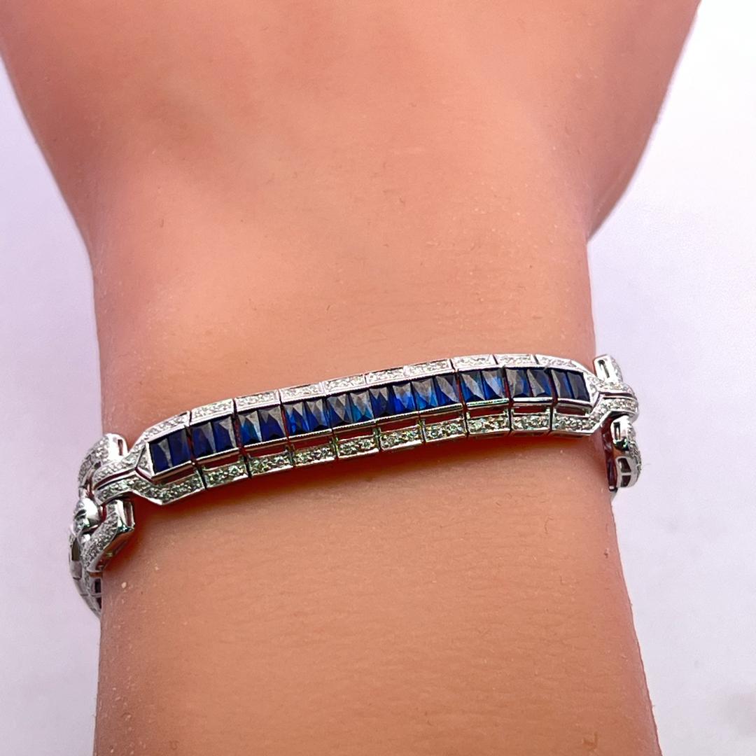 18K White Gold Link Bracelet with 1.42ct Round H SI Diamonds and 7ct Sapphires