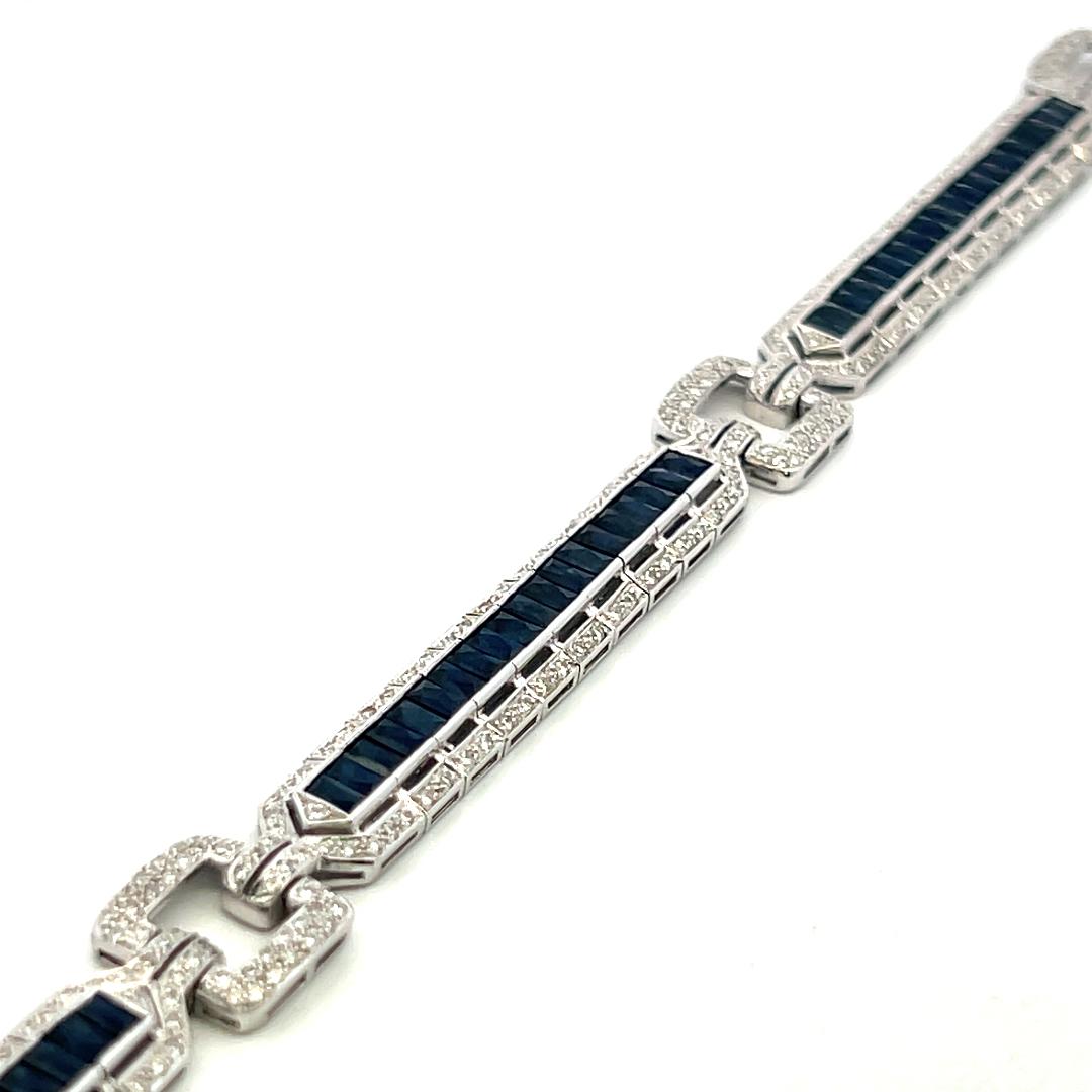 18K White Gold Link Bracelet with 1.42ct Round H SI Diamonds and 7ct Sapphires