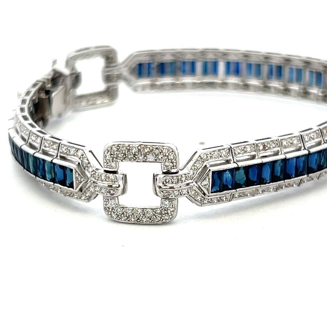 18K White Gold Link Bracelet with 1.42ct Round H SI Diamonds and 7ct Sapphires