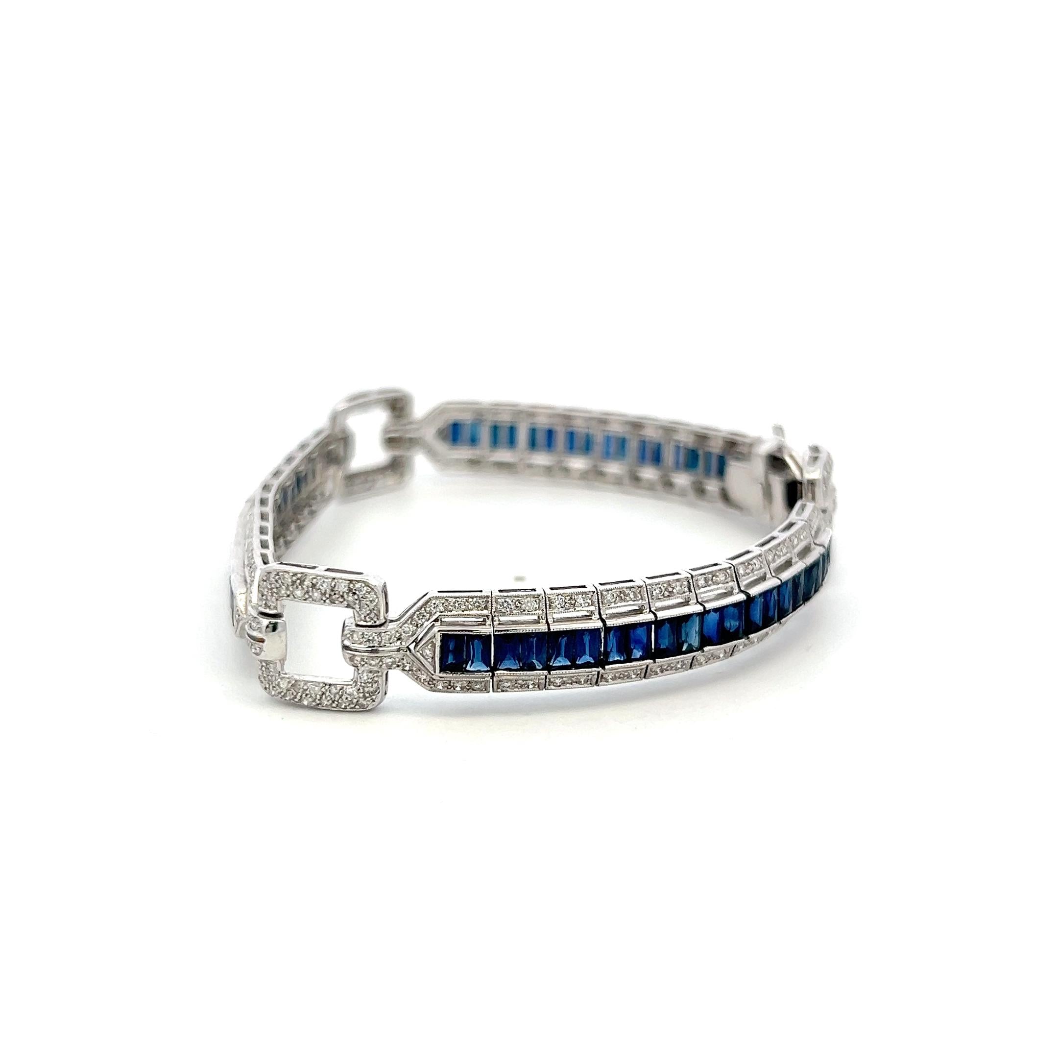 18K White Gold Link Bracelet with 1.42ct Round H SI Diamonds and 7ct Sapphires
