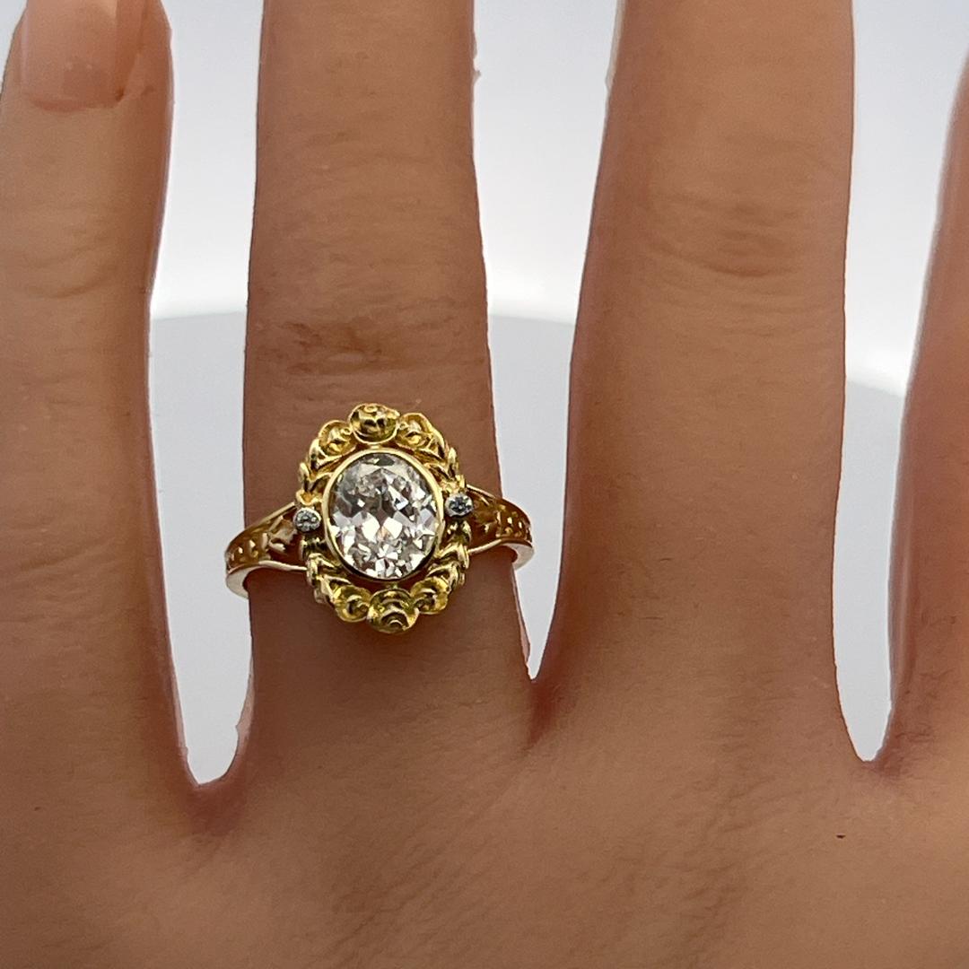 18K Yellow Gold Engagement Ring 1.31ct Oval & Round Diamonds Size 6.5 D SI1 GIA