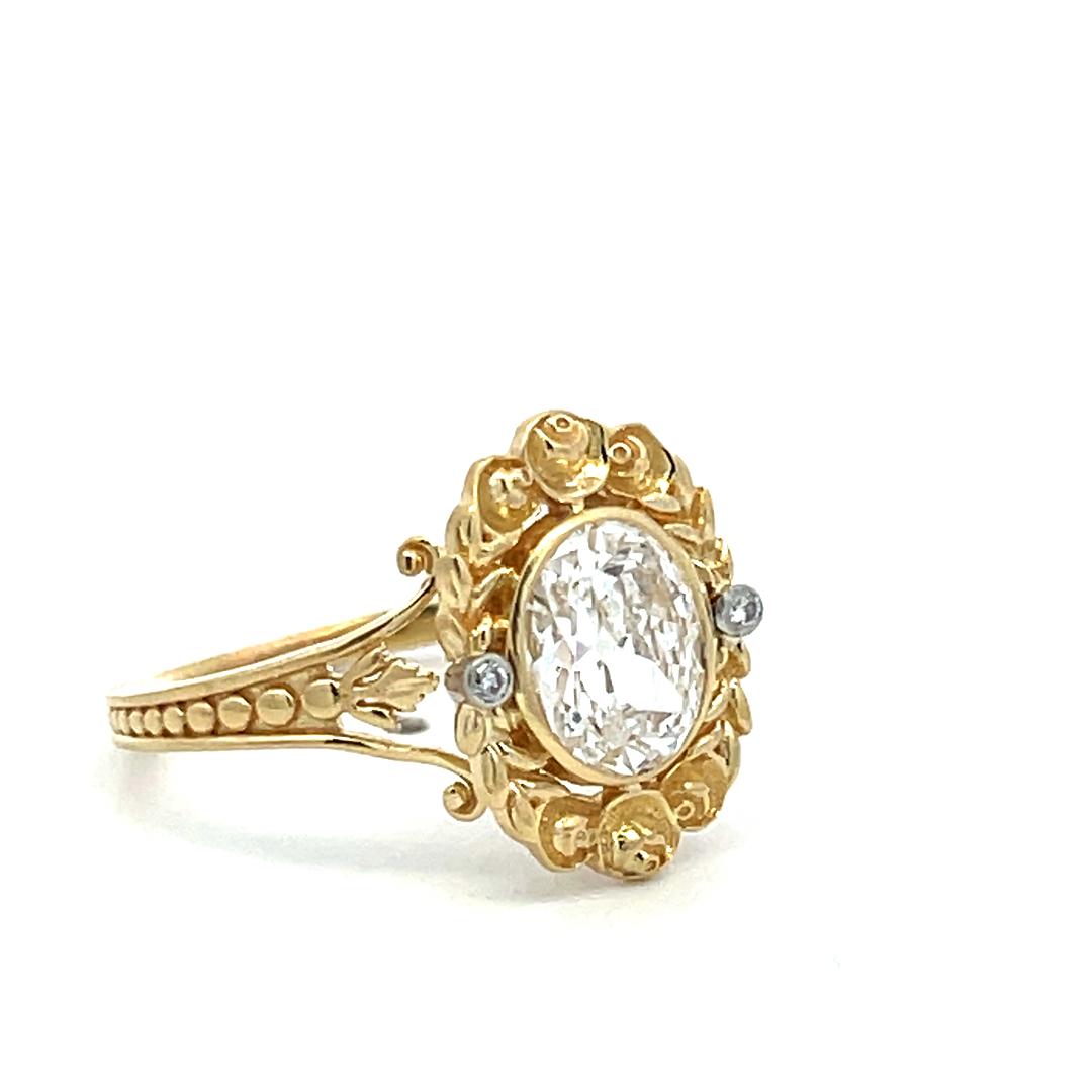 18K Yellow Gold Engagement Ring 1.31ct Oval & Round Diamonds Size 6.5 D SI1 GIA
