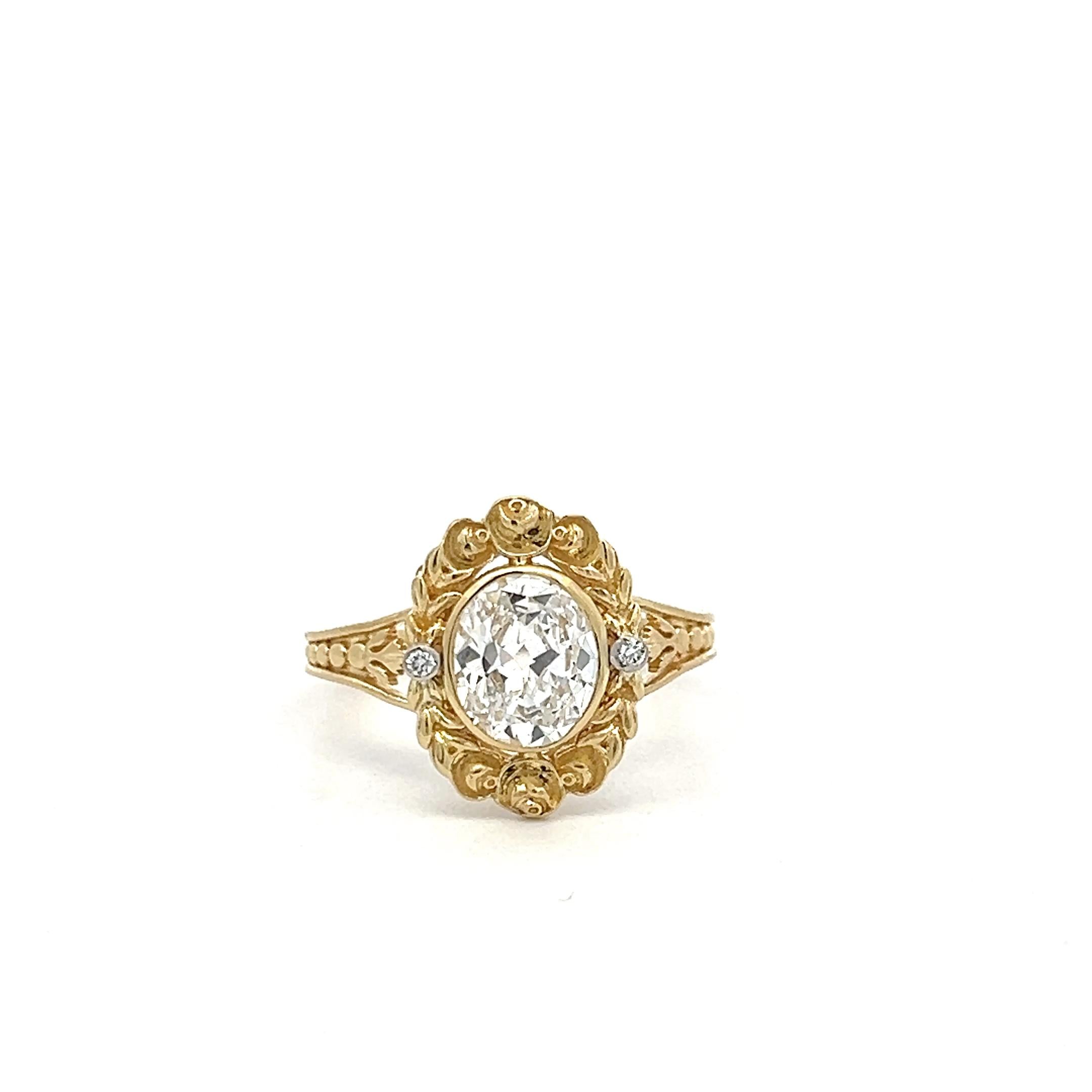 18K Yellow Gold Engagement Ring 1.31ct Oval & Round Diamonds Size 6.5 D SI1 GIA