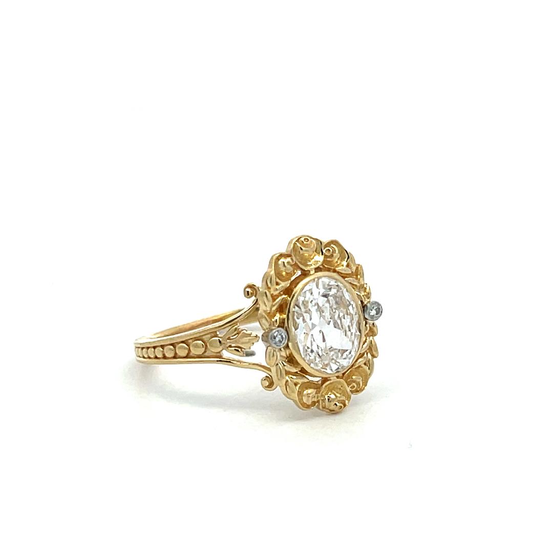 18K Yellow Gold Engagement Ring 1.31ct Oval & Round Diamonds Size 6.5 D SI1 GIA