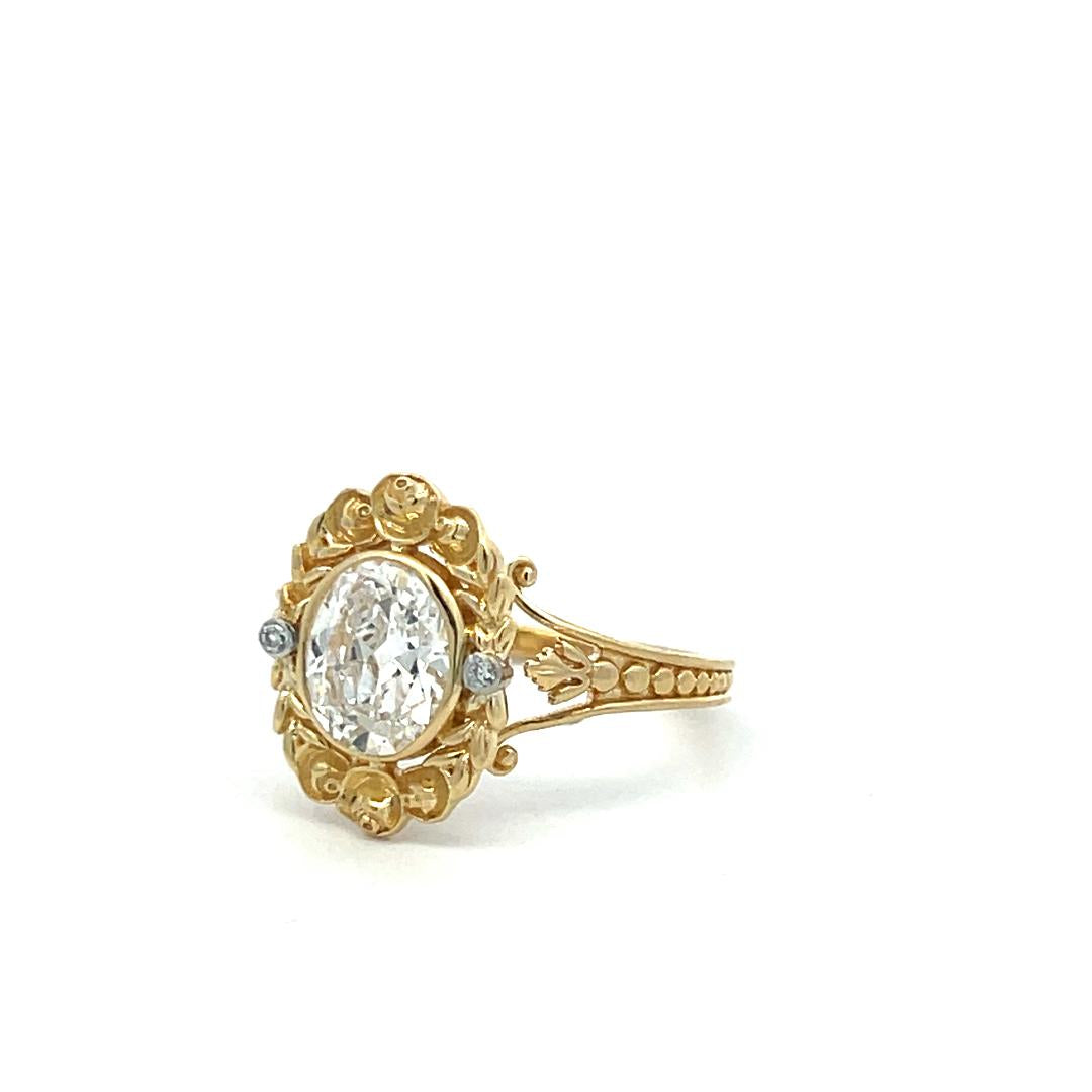 18K Yellow Gold Engagement Ring 1.31ct Oval & Round Diamonds Size 6.5 D SI1 GIA